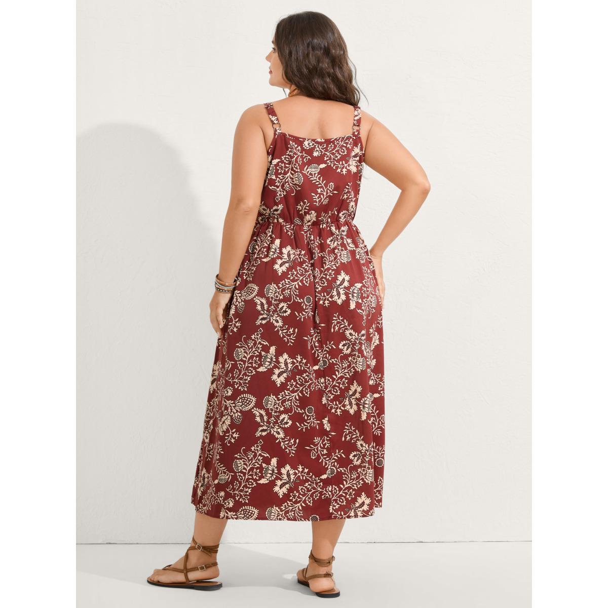Plus Size Floral Waist-Tie Pockets Midi Dress Rust Women Boho Heart neckline Sleeveless Curvy BloomChic 26/4X Product Image