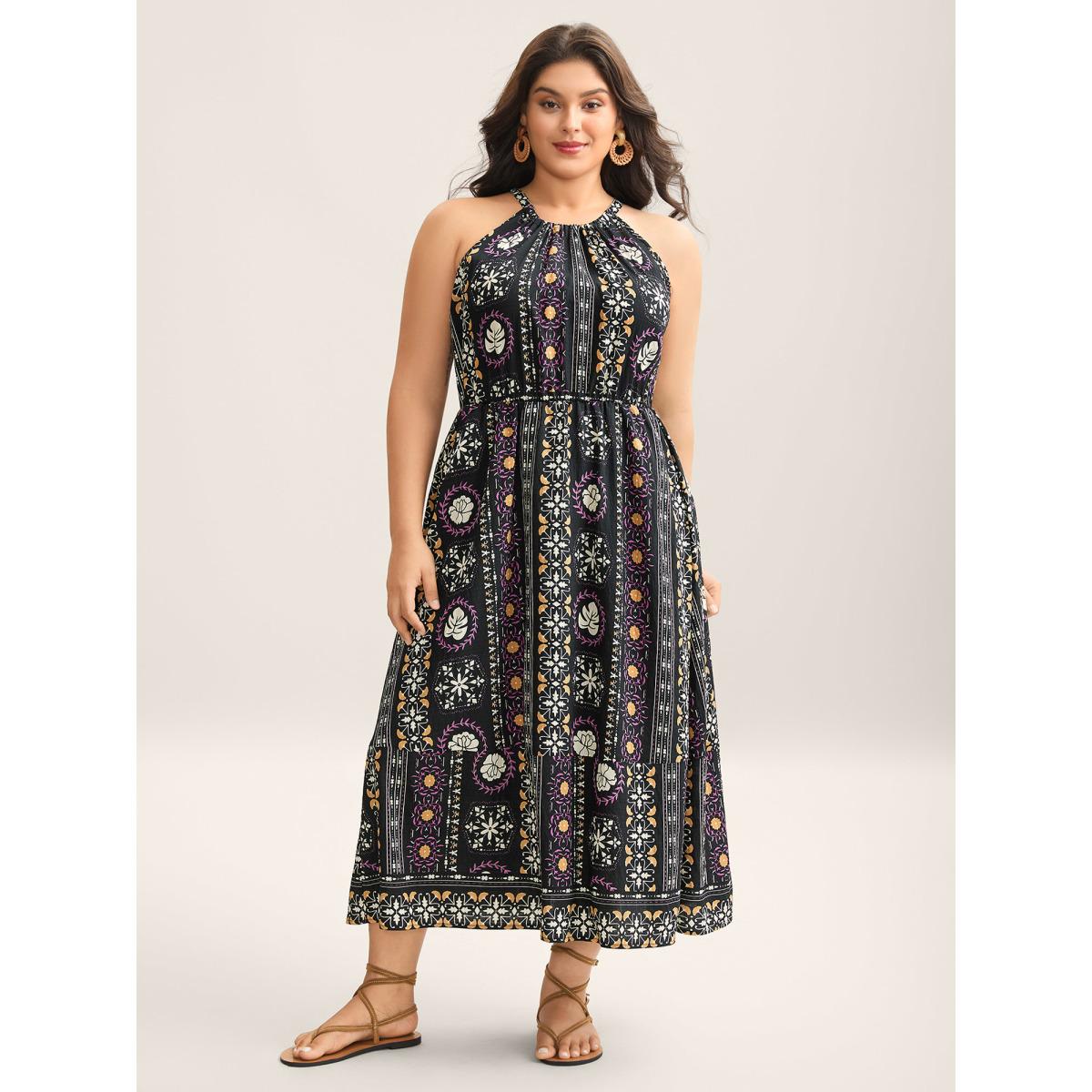Plus Size Rayon Tropical Boho Print Stretchy Maxi Dress BlackFlower Women Halter neck Sleeveless Curvy BloomChic 26/4X Product Image