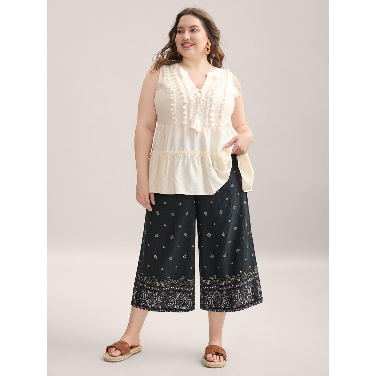 Plus Size Paisley Print Wide-Leg Airy Pants Women BlackFlower Boho Wide Leg Mid Rise Vacation Pants BloomChic 30/6X Product Image