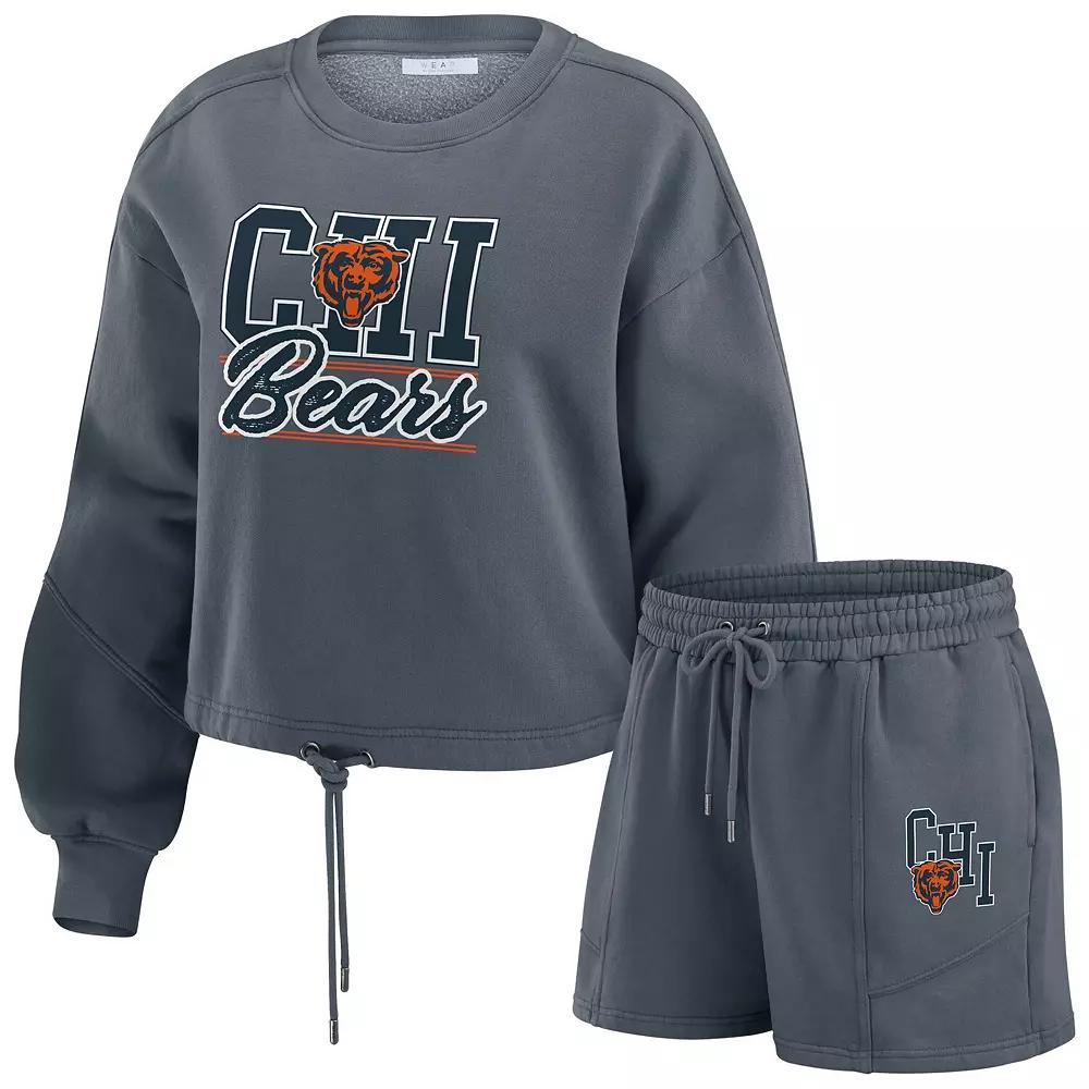 Women's WEAR by Erin Andrews Navy Chicago Bears Washed Fleece Long Sleeve T-Shirt & Shorts Lounge Set, Size: XL, Blue Product Image