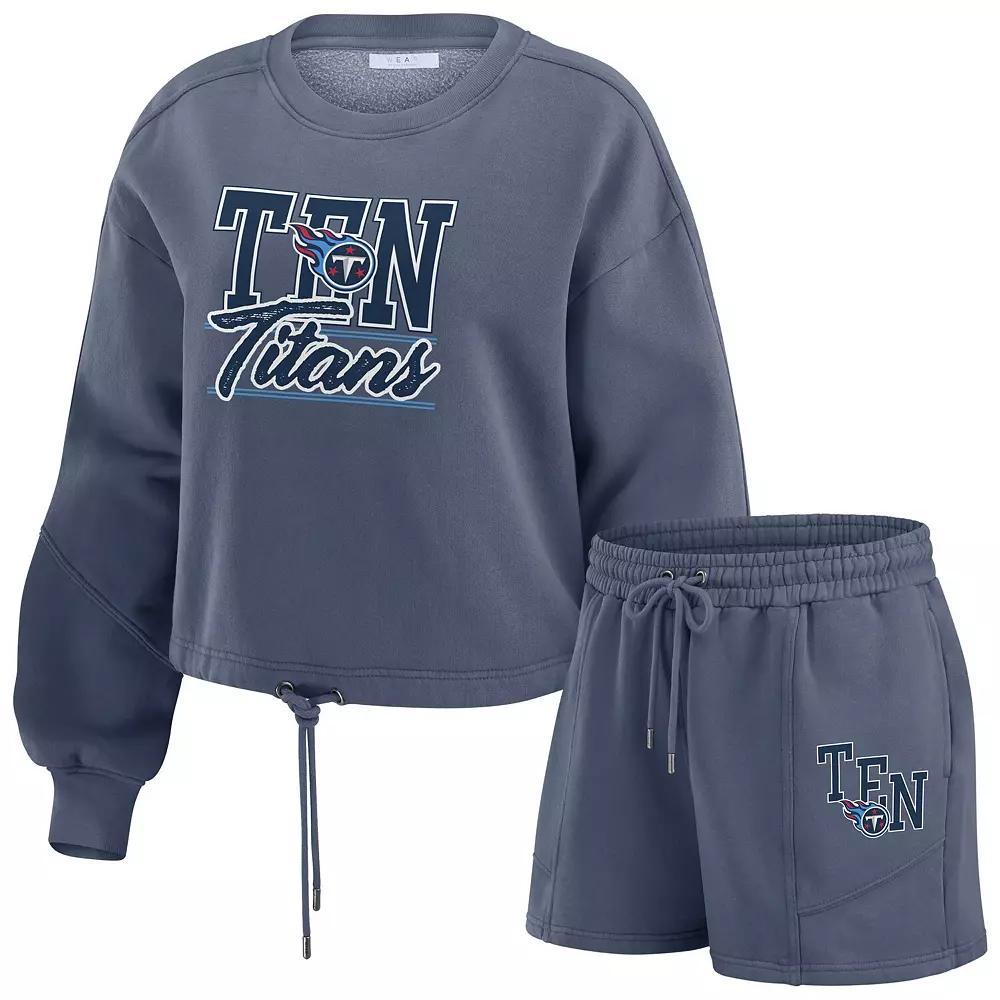 Women's WEAR by Erin Andrews Navy Tennessee Titans Washed Fleece Long Sleeve T-Shirt & Shorts Lounge Set,  Product Image