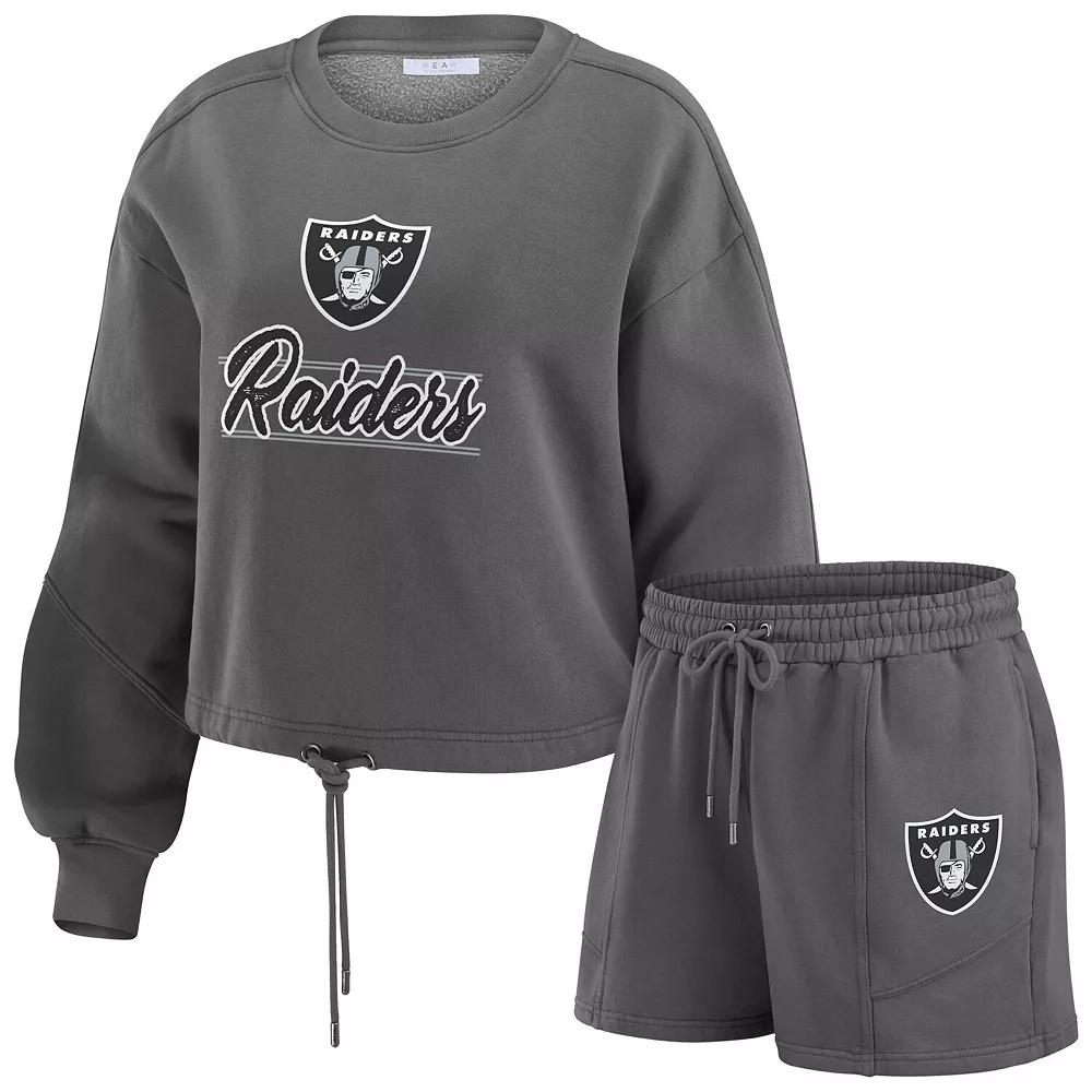 Women's WEAR by Erin Andrews Navy New England Patriots Washed Fleece Long Sleeve T-Shirt & Shorts Lounge Set,  Product Image