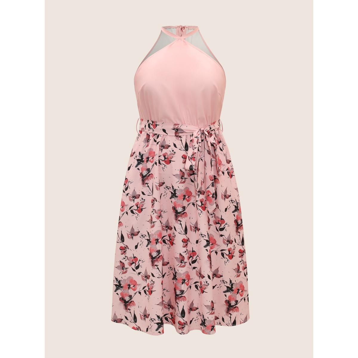 Plus Size Halter Neck Floral Patchwork Midi Dress Nudepink Women Elegant Belted Halter neck Sleeveless Curvy BloomChic 28/5X Product Image