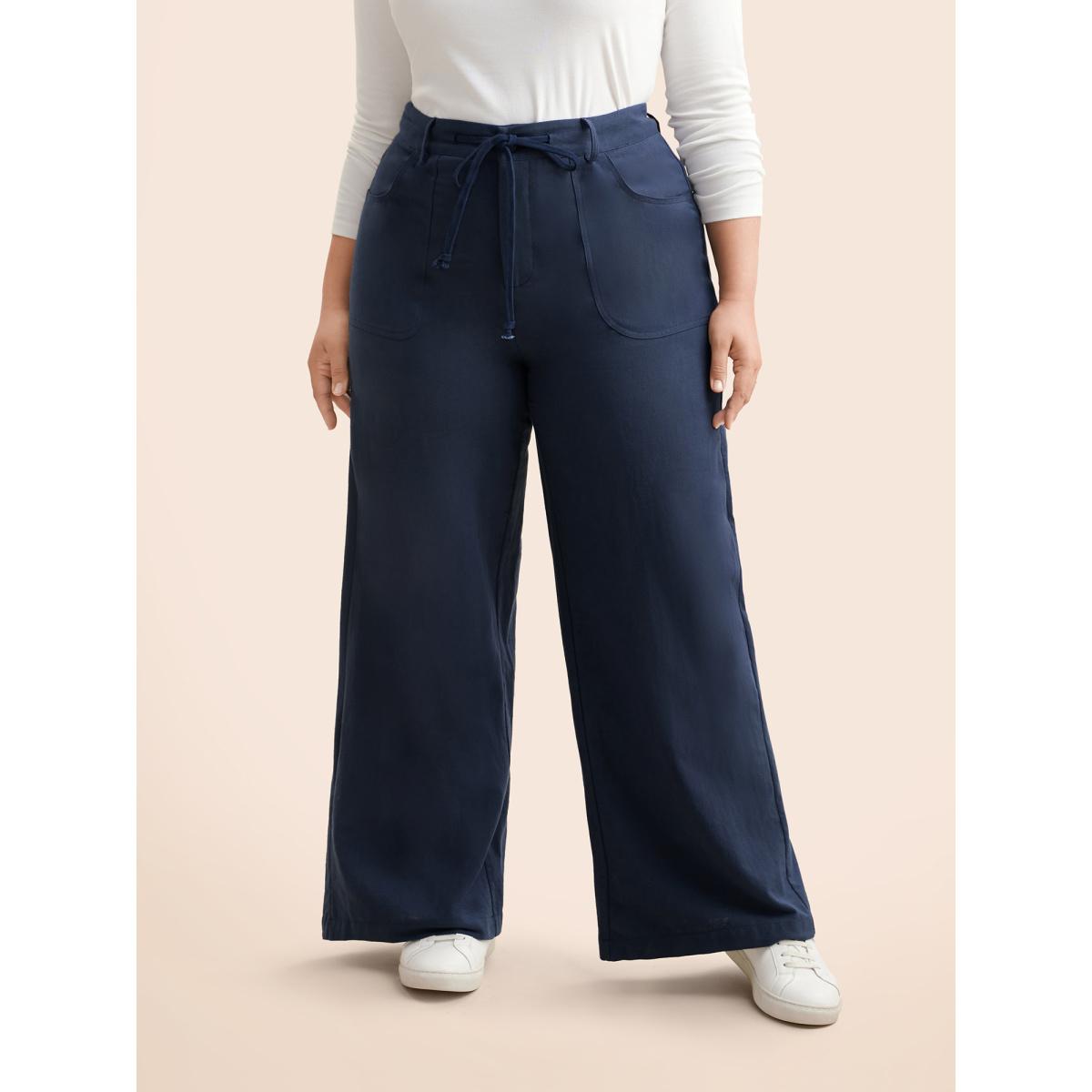Plus Size Mid Rise Drawstring Wide Leg Pants Women Indigo Casual Wide Leg Mid Rise Everyday Pants BloomChic 12/L Product Image
