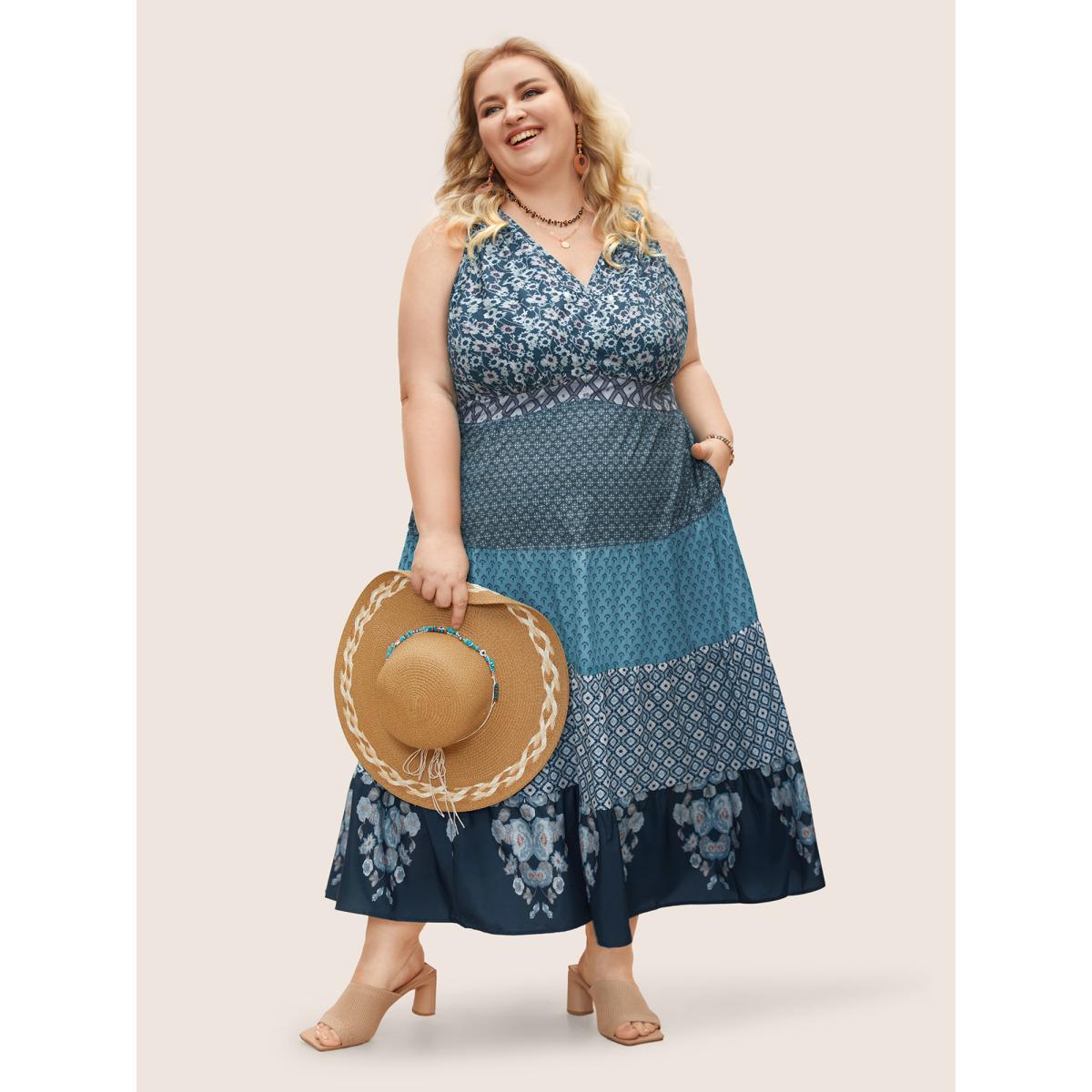 Plus Size Bandana Patchwork Floral Sleeveless Dress Aegean Women Boho Pleated V-neck Sleeveless Curvy BloomChic 28/5X Product Image