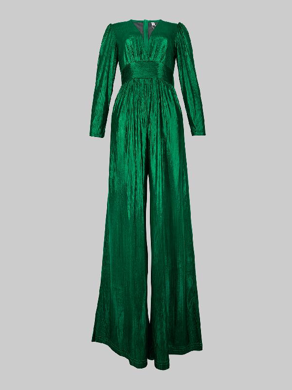 High Waisted Three-Quarter Sleeves Shiny Solid Color Deep V-Neck Jumpsuits Bottoms Product Image