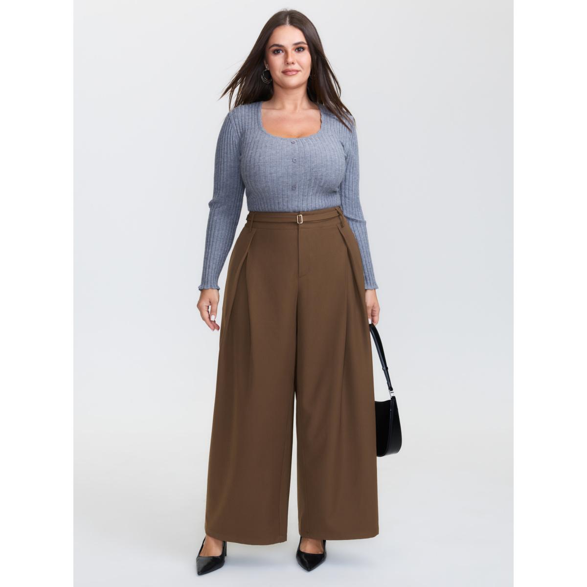 Plus Size Belted Side Pleated Adjustable Pants Women Yellowishbrown Office Straight Leg Mid Rise Office Pants BloomChic 14-16/1X Product Image
