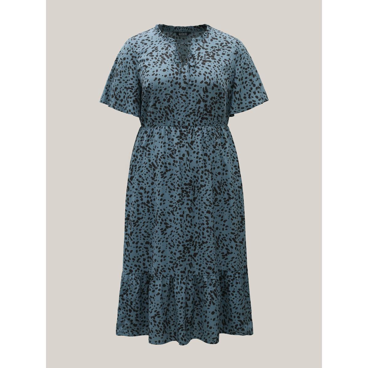 Plus Size Animal Print Tied Tiered Midi Dress Stone Women Casual Tie knot Notched collar Short sleeve Curvy BloomChic 22-24/3X Product Image