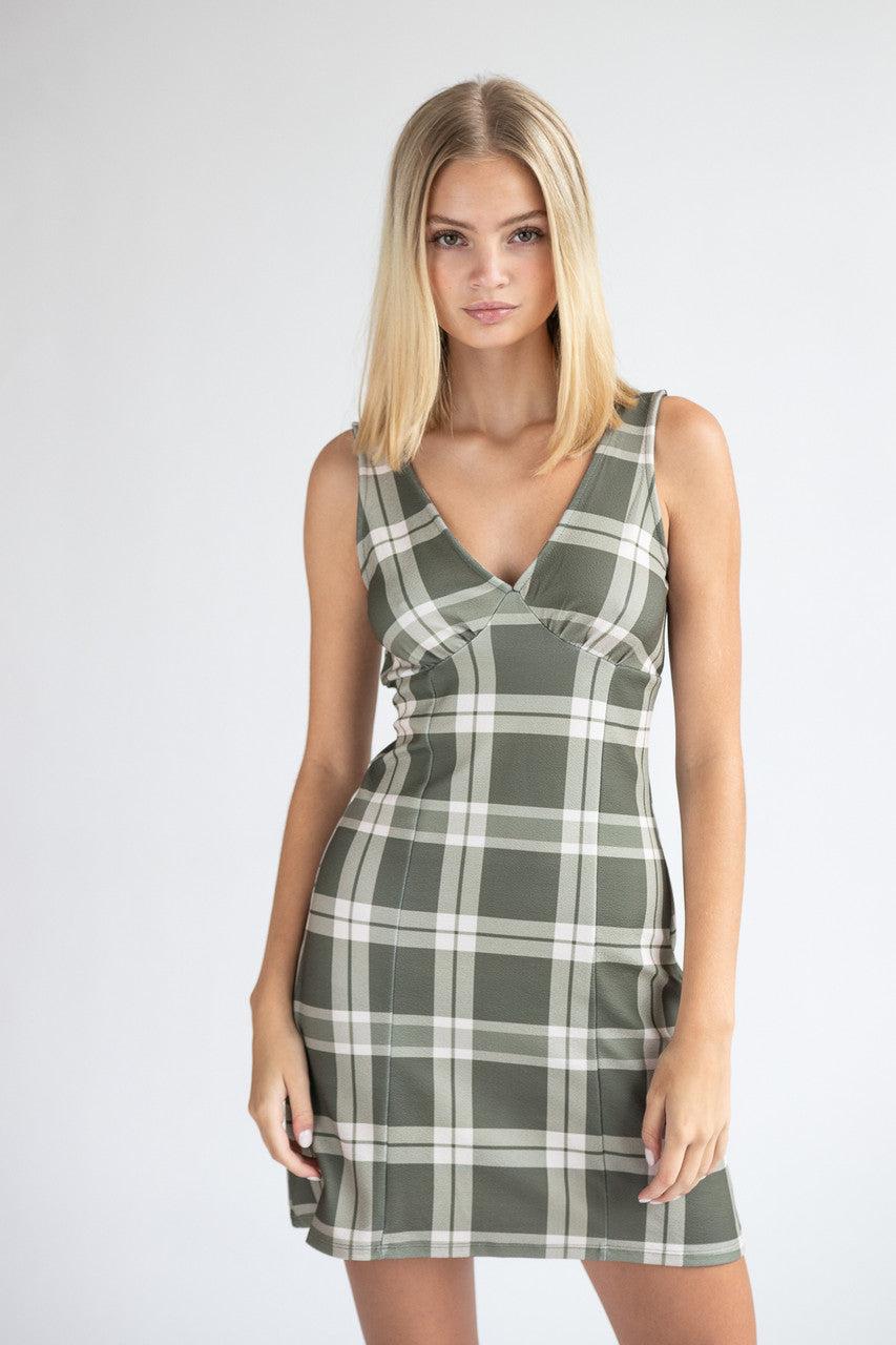 Plunge Neck Plaid Dress Product Image