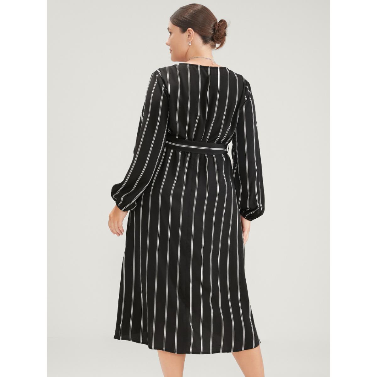 Plus Size Striped Lantern Sleeve Pocket Wrap Midi Dress Black Women Office Cross straps V-neck Long Sleeve Curvy Midi Dress BloomChic 14-16/1X Product Image