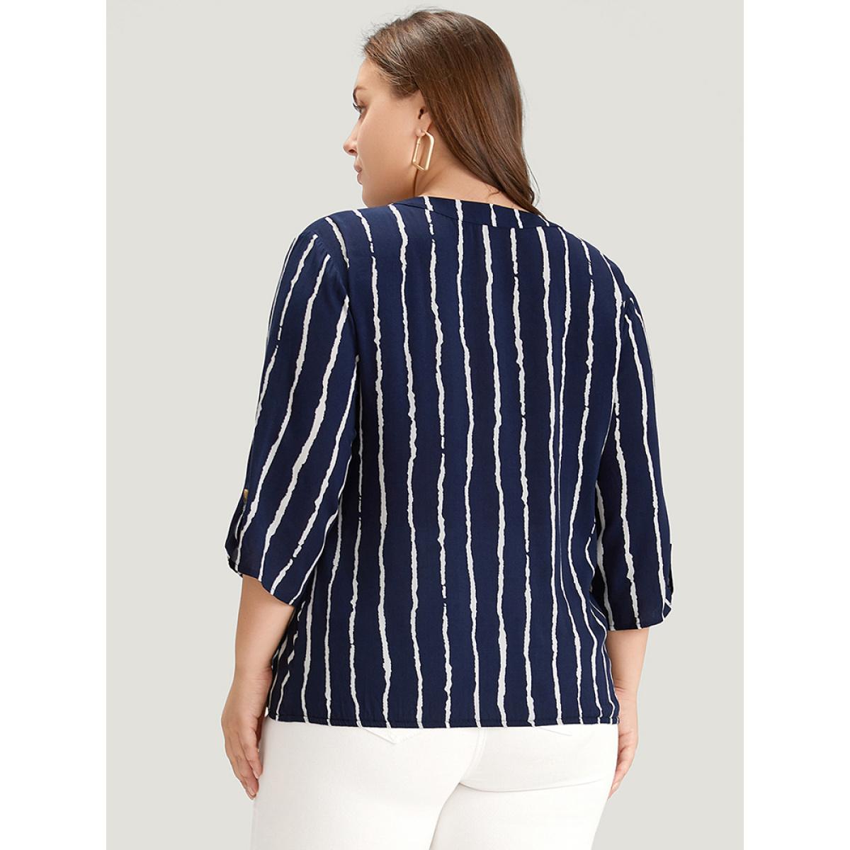 Plus Size Multicolor Striped Notched Three Quater Length Sleeve Blouse Women Office Elbow-length sleeve Notched collar Office Blouses BloomChic 18-20/2X Product Image