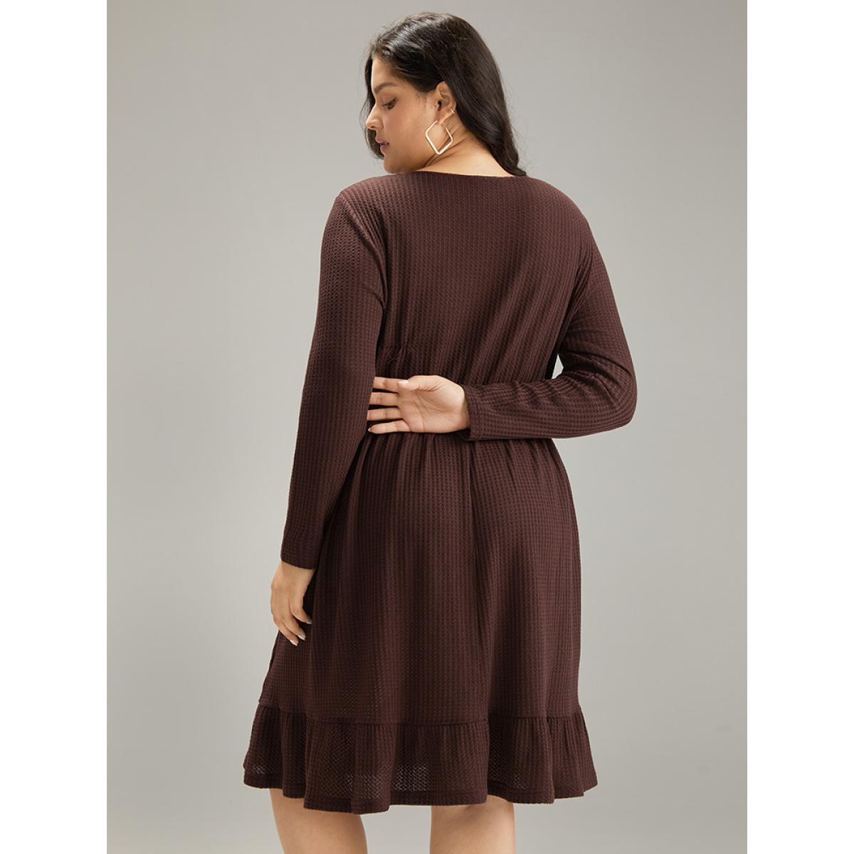 Plus Size Waffle Knit Button Up Elastic Waist Dress DarkBrown Women Casual Plain V-neck Long Sleeve Curvy Knee Dress BloomChic 22-24/3X Product Image