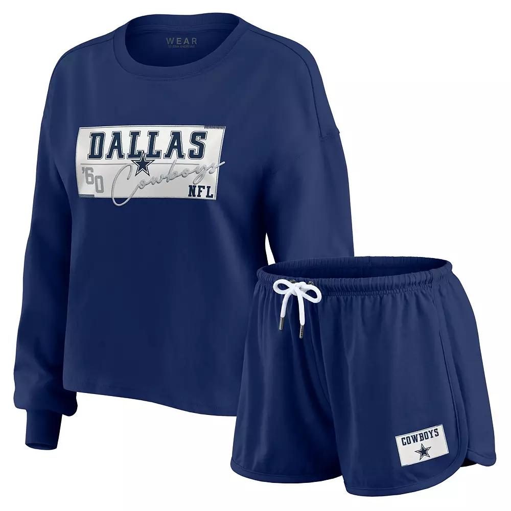 Women's WEAR by Erin Andrews Navy Dallas Cowboys Heavy Rugby Jersey Long Sleeve T-Shirt & Shorts Lounge Set,  Product Image