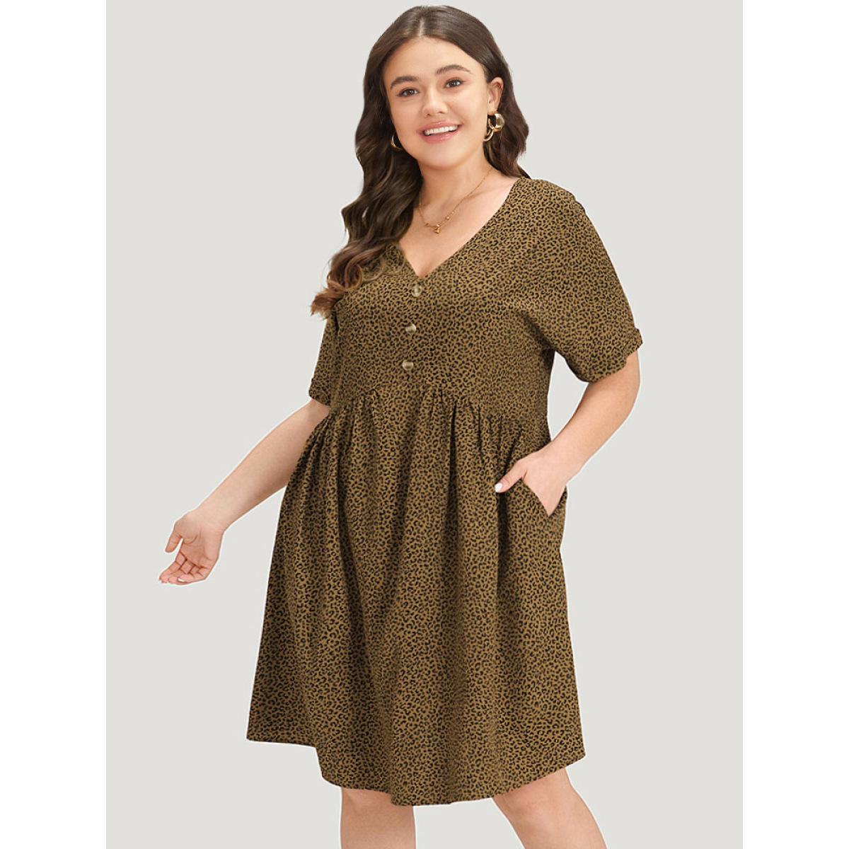 Plus Size Leopard Print V Neck Button Detail Dolman Sleeve Dress Bronze Women Elegant Button V-neck Short sleeve Curvy Knee Dress BloomChic 14-16/1X Product Image