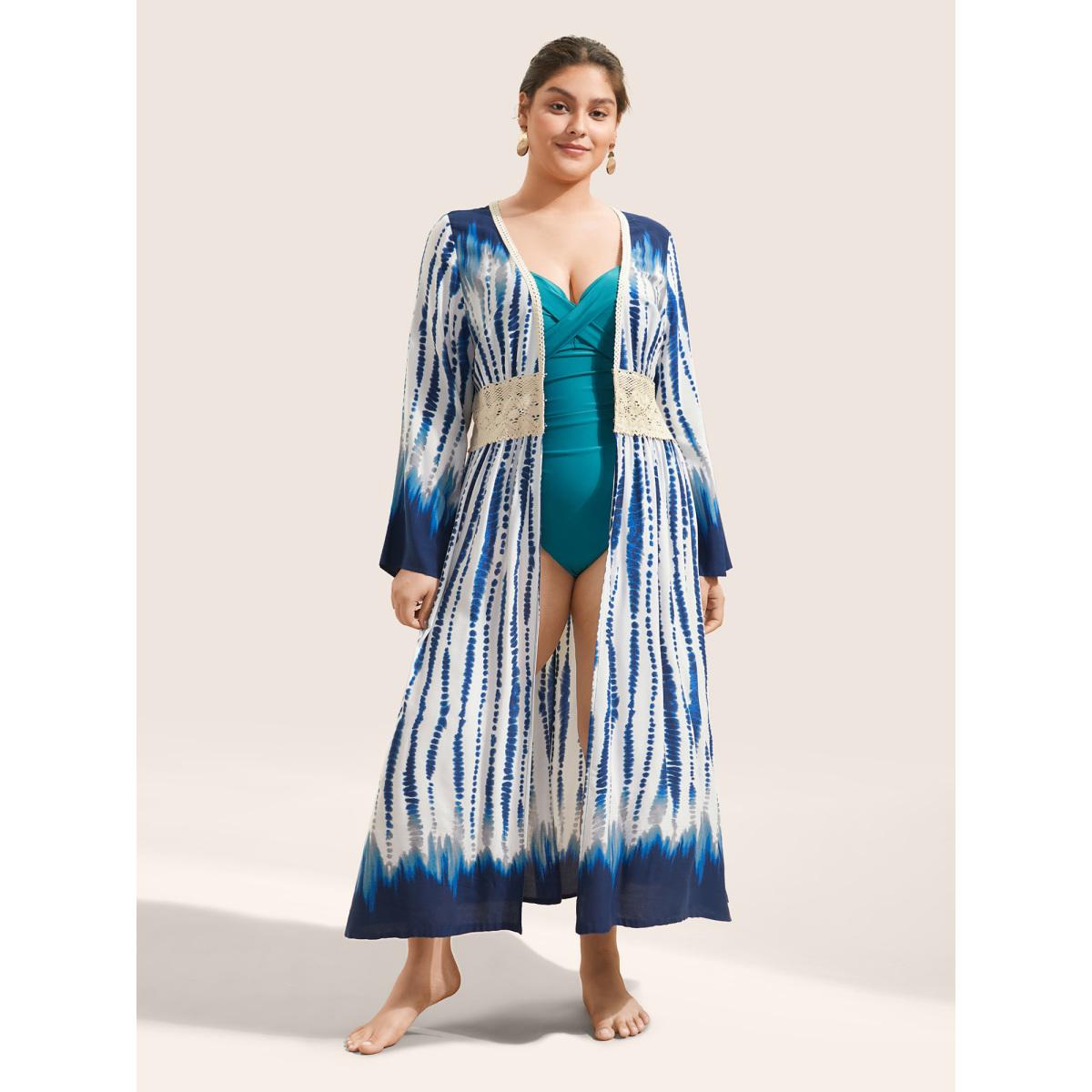 Plus Size Tie Dye Guipure Lace Waist Trim Kimono Women Blue Resort Tie Dye Vacation Kimonos BloomChic 30/6X Product Image