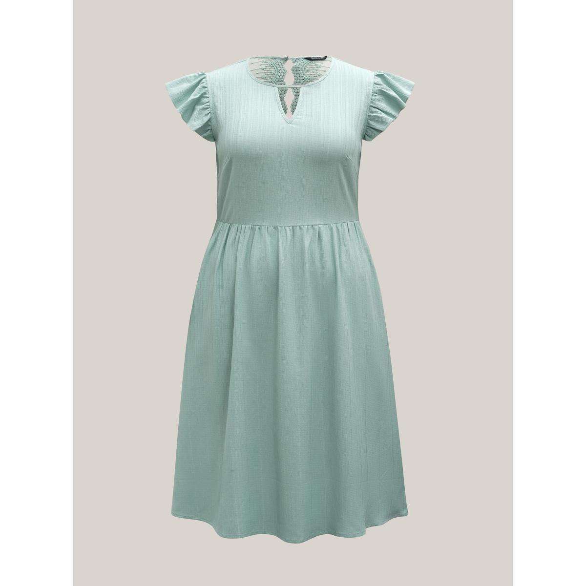 Plus Size Textured Back Cut-Out Flutter Sleeve Midi Dress Greenbean Women Elegant Woven ribbon&lace trim Round Neck Cap Sleeve Curvy BloomChic 10/M Product Image