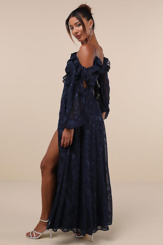 Pleasant Aura Navy Blue Floral Burnout Cold-Shoulder Maxi Dress Product Image