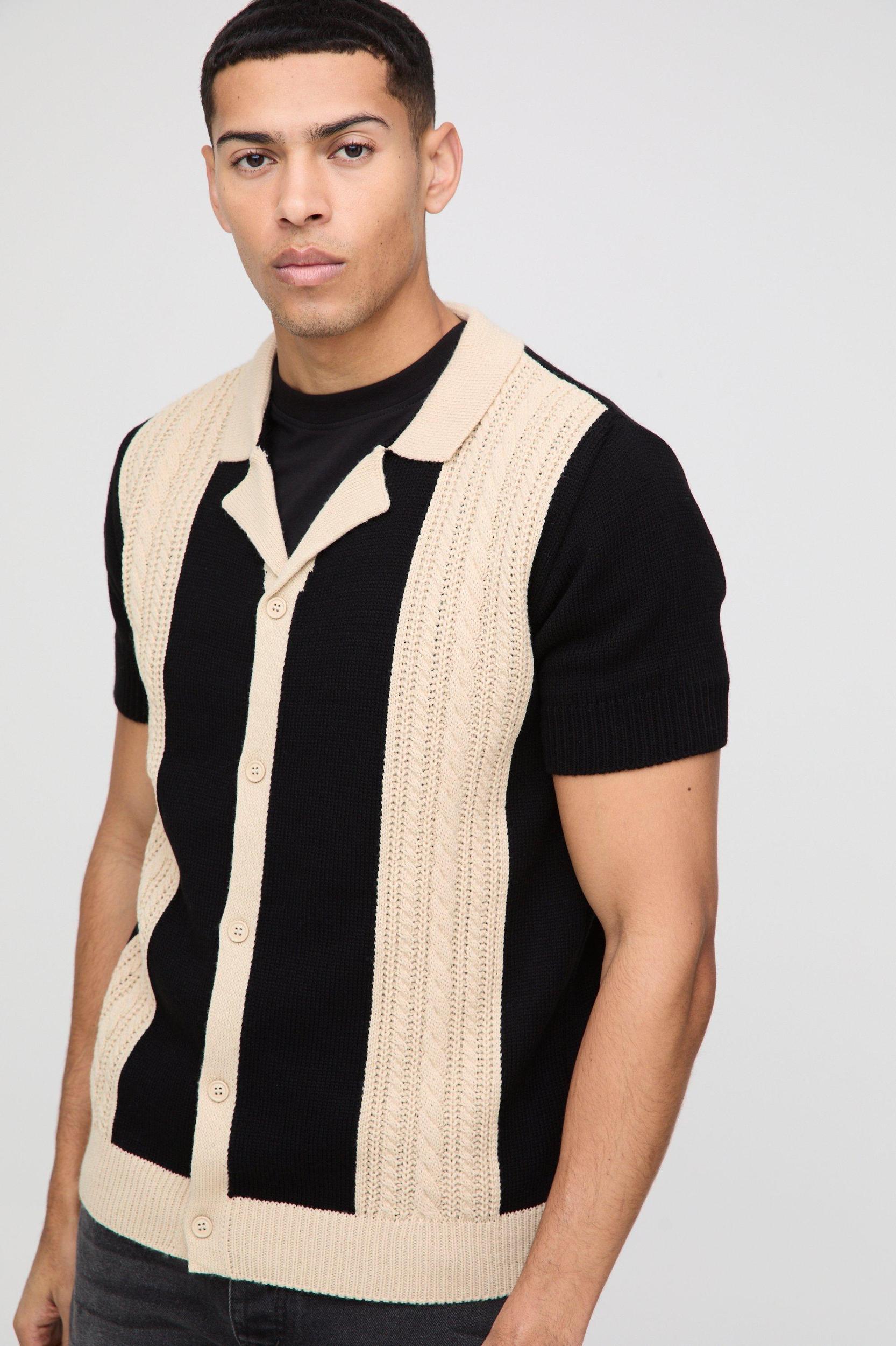 Relaxed Open Stitch Panel Stripe Knitted Shirt | boohooMAN USA Product Image