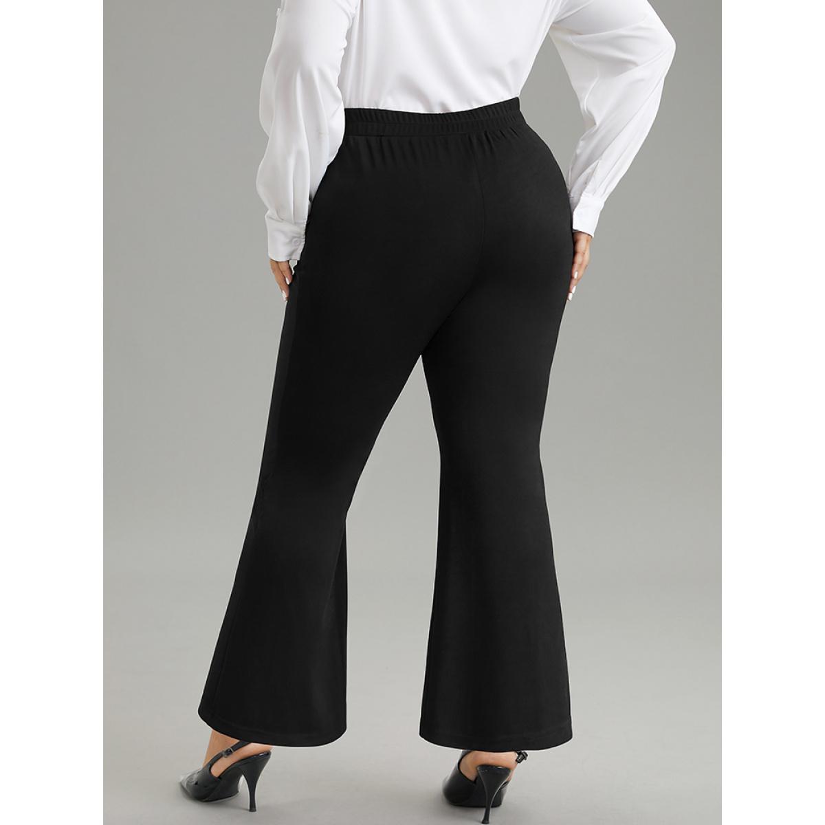 Plus Size Plain Flare Leg Pocket Split Hem Pants Women Black Office Flare Leg High Rise Office Pants BloomChic 26/4X Product Image