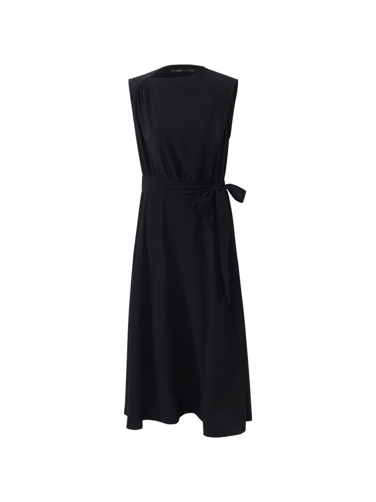 Triacetate Gathered Waist Asymmetric Neck Women Midi Dress Product Image