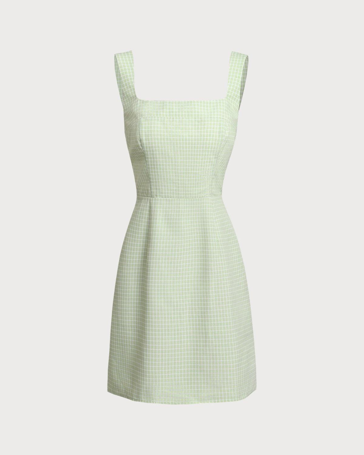 Green Plaid Square Neck Shirred Slip Mini Dress Product Image