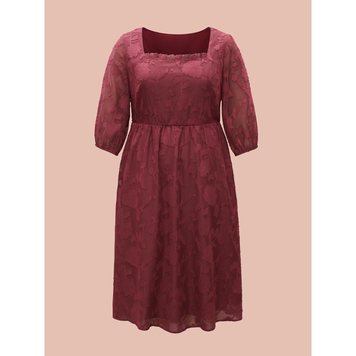 Plus Size Floral Frill Trim Stretchy-Waist Sheer Midi Dress Burgundy Women Elegant Texture Square Neck Elbow-length sleeve Curvy BloomChic 22-24/3X Product Image