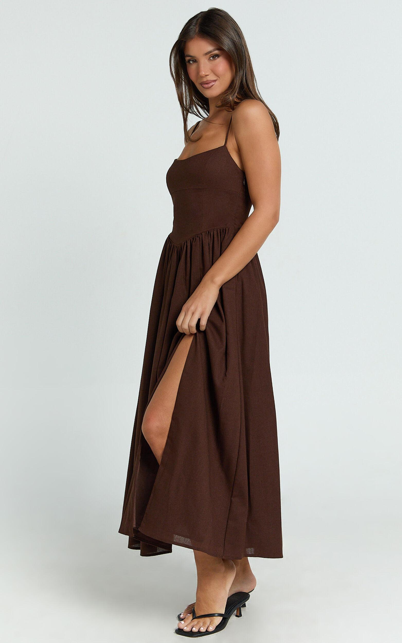 Morris Midi Dress - Linen Scoop Neck Gathered Dress in Chocolate Product Image