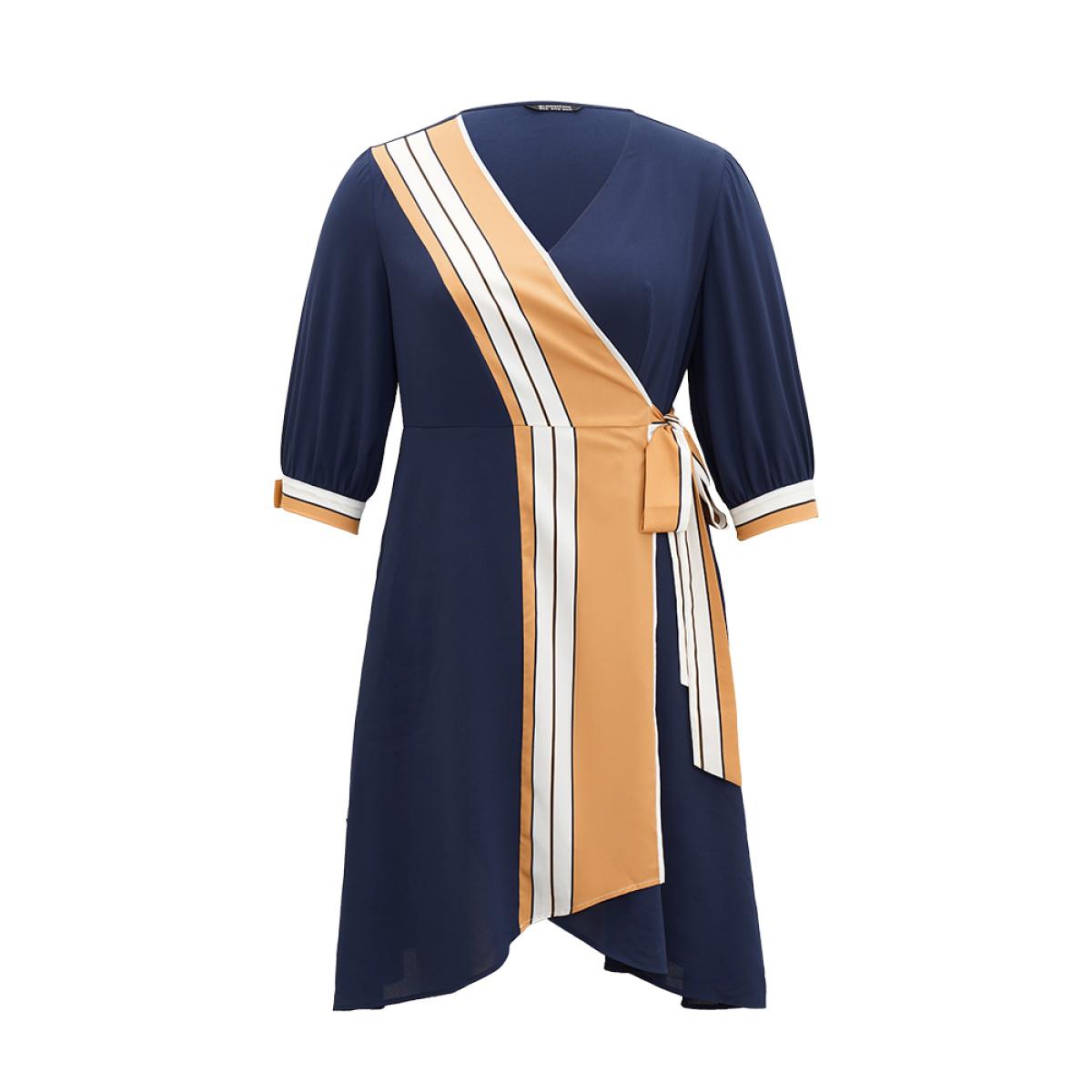Plus Size Contrast Striped Patchwork Wrap Dress Midnight Women Elegant Wrap V-neck Elbow-length sleeve Curvy Midi Dress BloomChic 18-20/2X Product Image