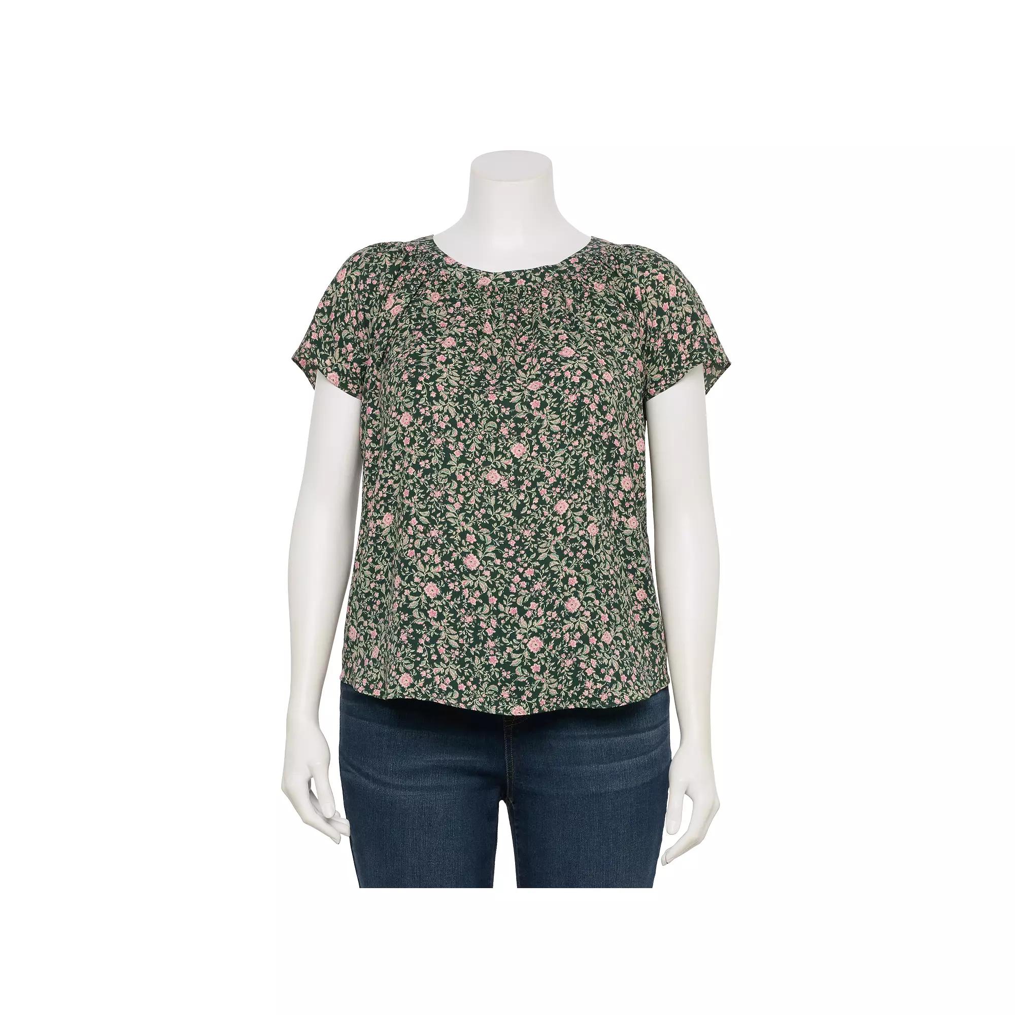 Plus Size LC Lauren Conrad Tie-Front Shirred Neck Top, Women's, Size: 0X, Green Virginia Vines Product Image