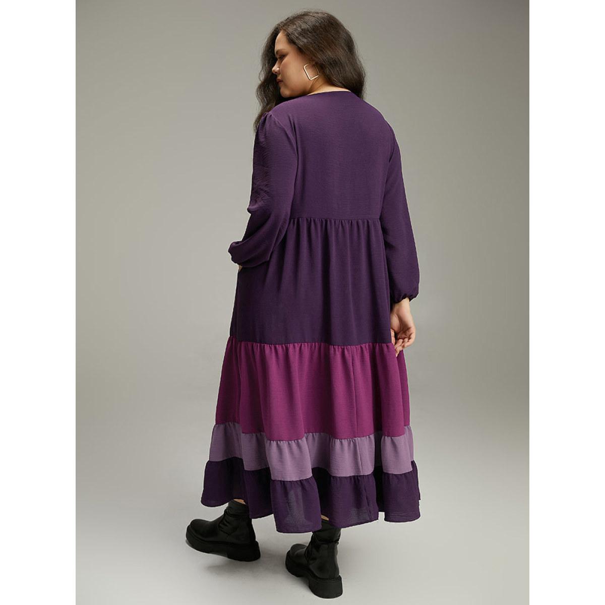 Plus Size Colorblock Contrast Square Neck Ruffle Layered Hem Dress Eggplant Women Casual Elastic cuffs Square Neck Long Sleeve Curvy Long Dress BloomChic 18-20/2X Product Image