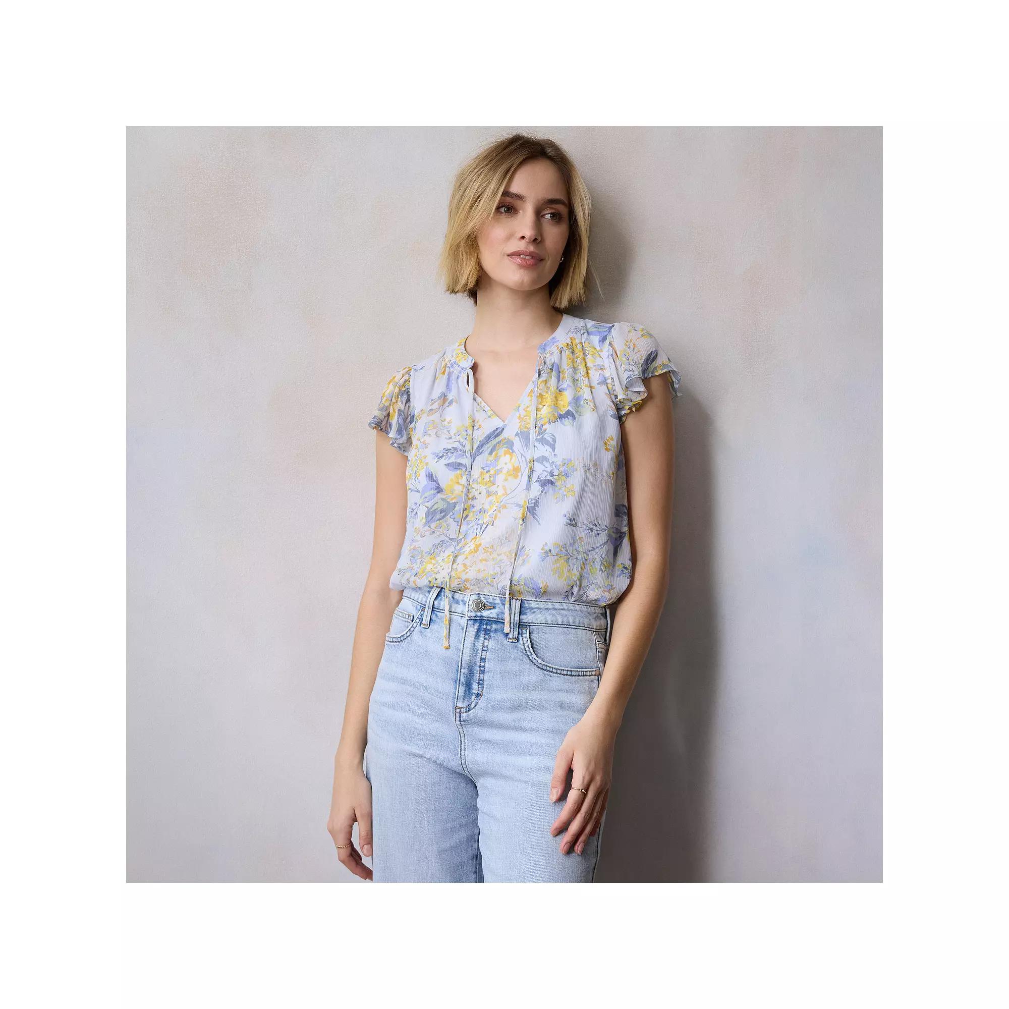 Women's LC Lauren Conrad Tie Front Ruffled V-Neck Shell, Size: XXL, Blue Florabelles Product Image