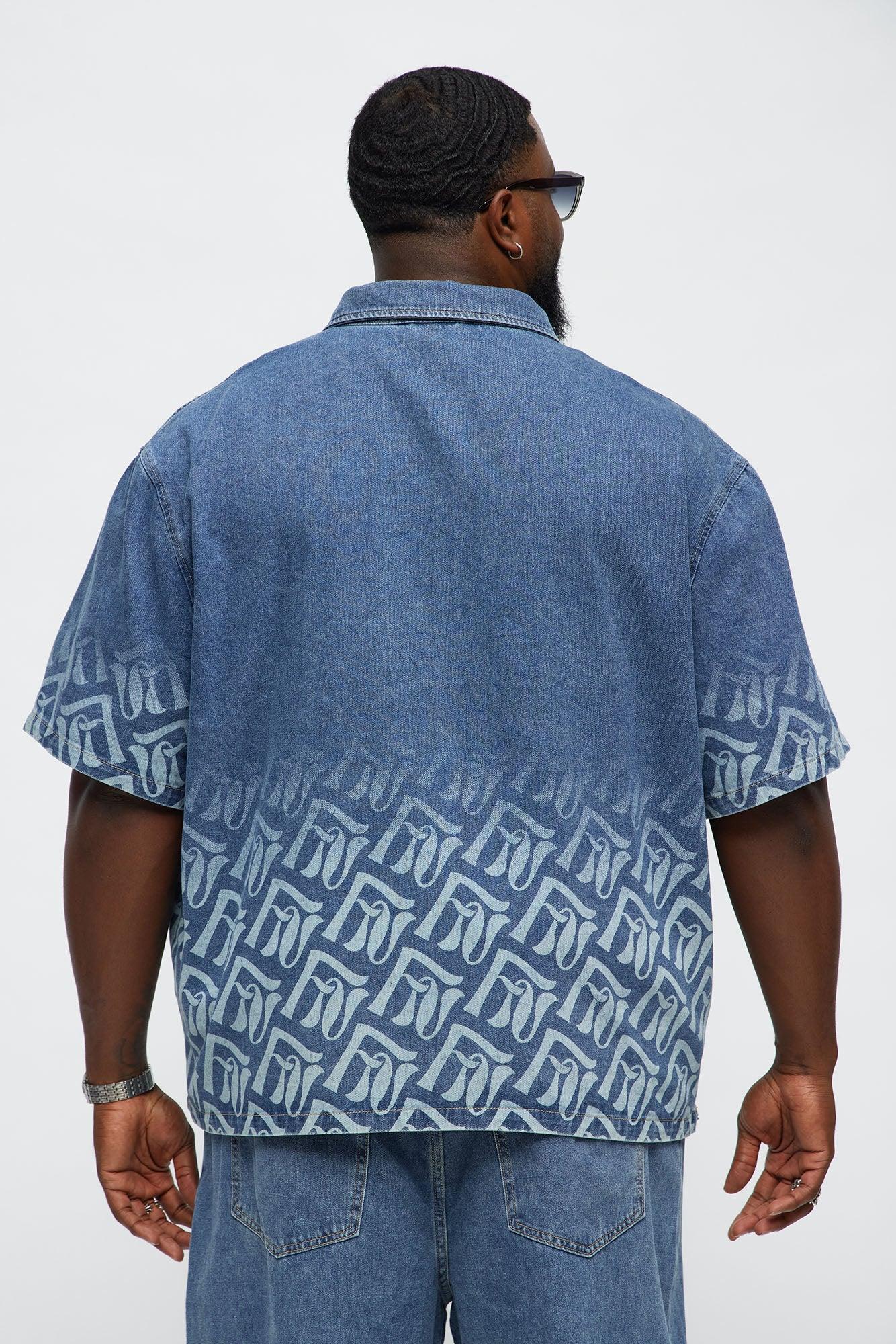 Boxy Cropped Chateau Monogram Denim Shirt - Light Blue Wash Male Product Image