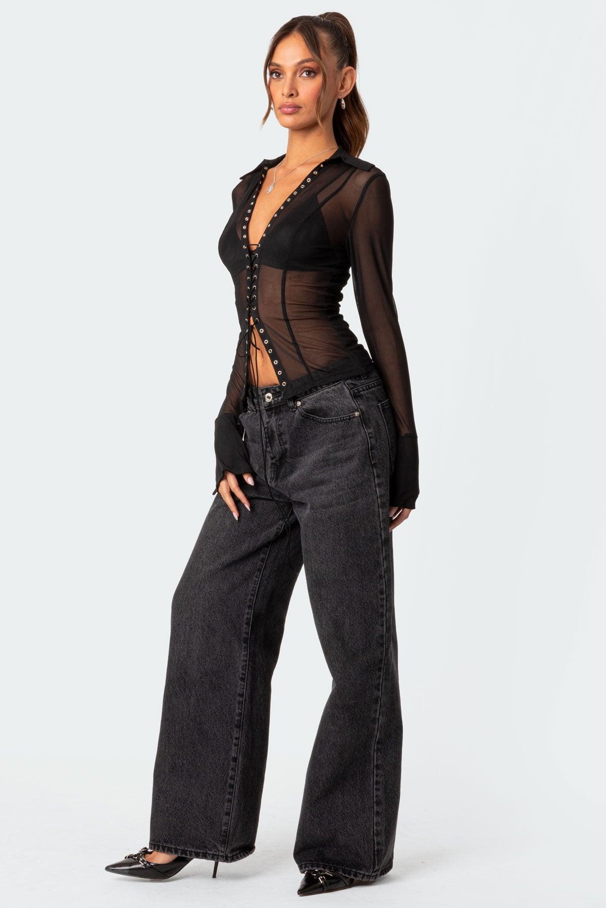Lace Up Sheer Mesh Top Product Image