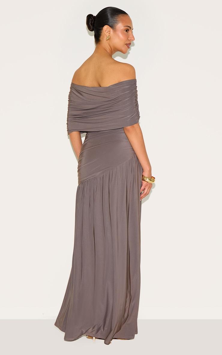 Petite Taupe Double Layer Slinky Bardot One Shoulder Ruched Maxi Dress Product Image