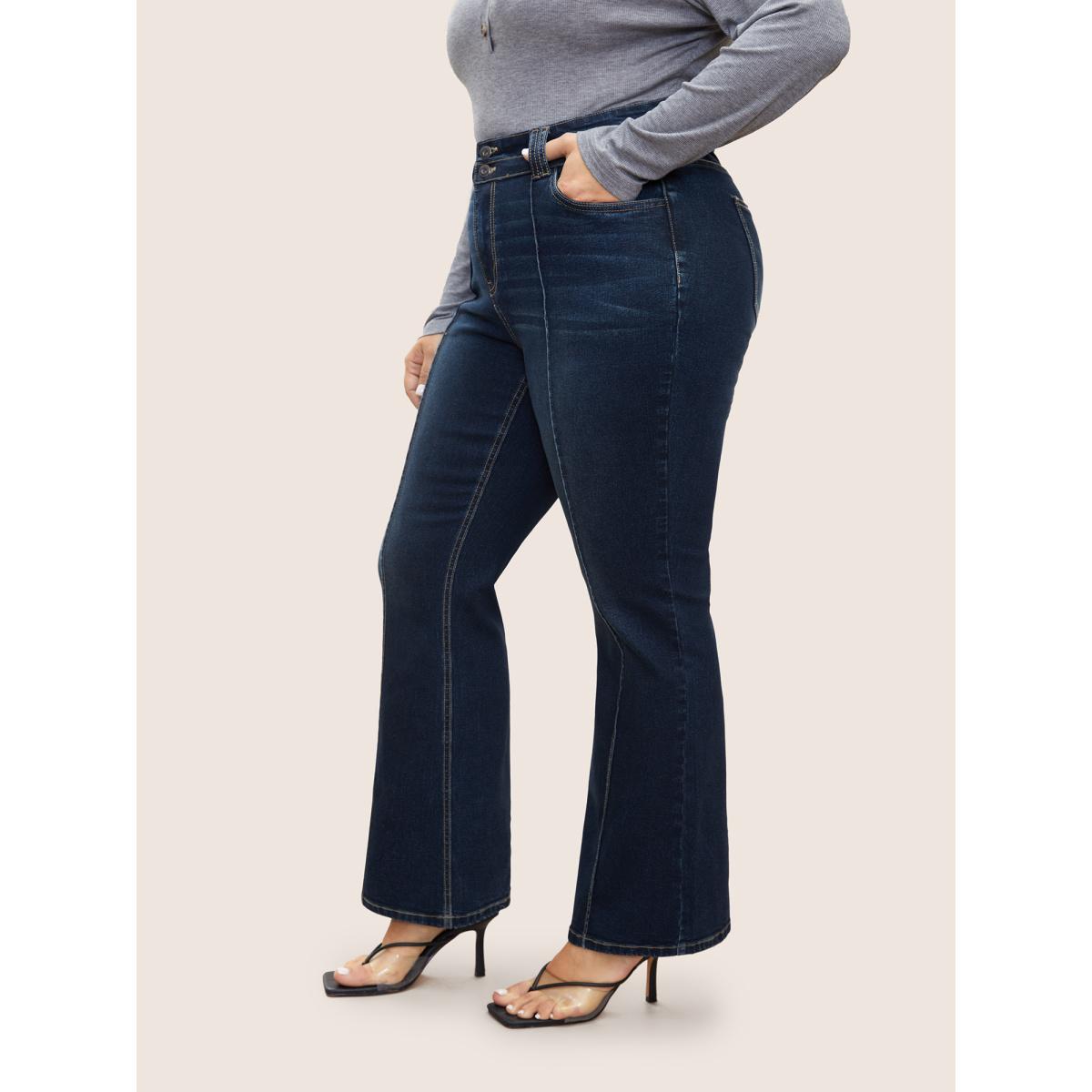 Plus Size Bootcut Seam Detail Button Up Full Length Jeans Women Indigo Casual Plain Non High stretch Slanted pocket Jeans BloomChic 20/2X Product Image