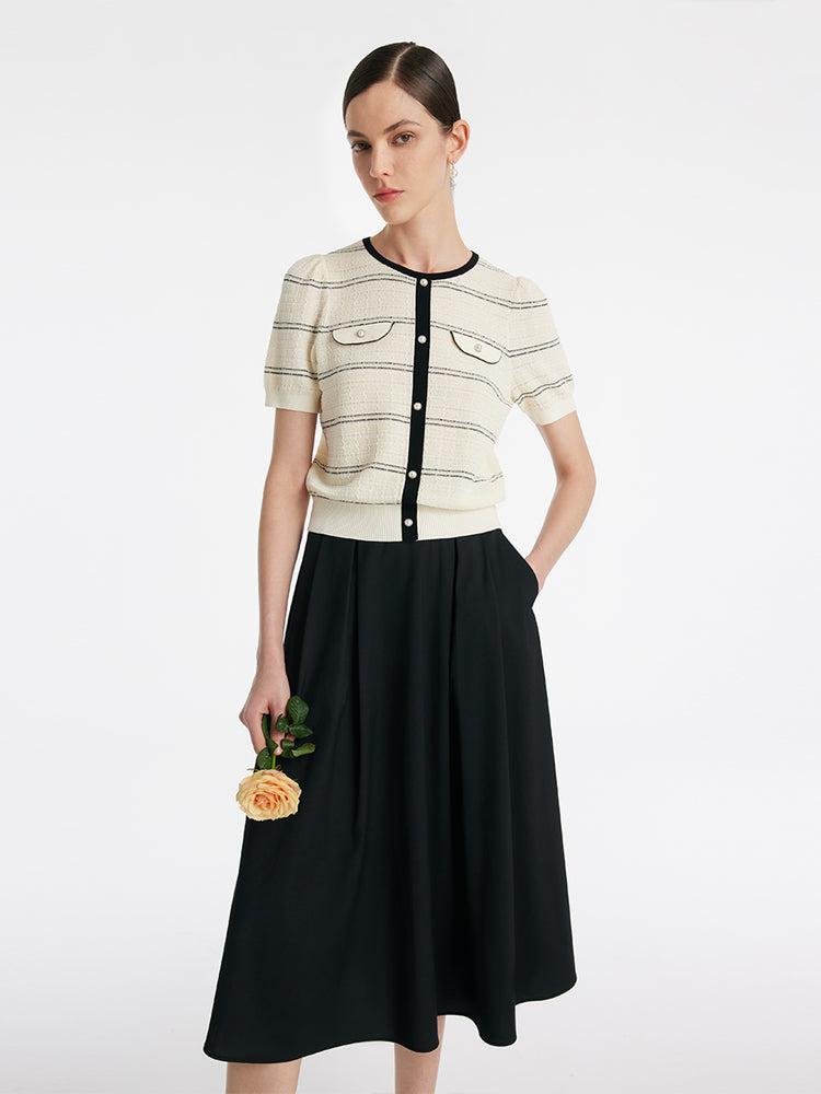 Contrast Trim Striped Knit Top And Half Skirt Two-Piece Set Product Image