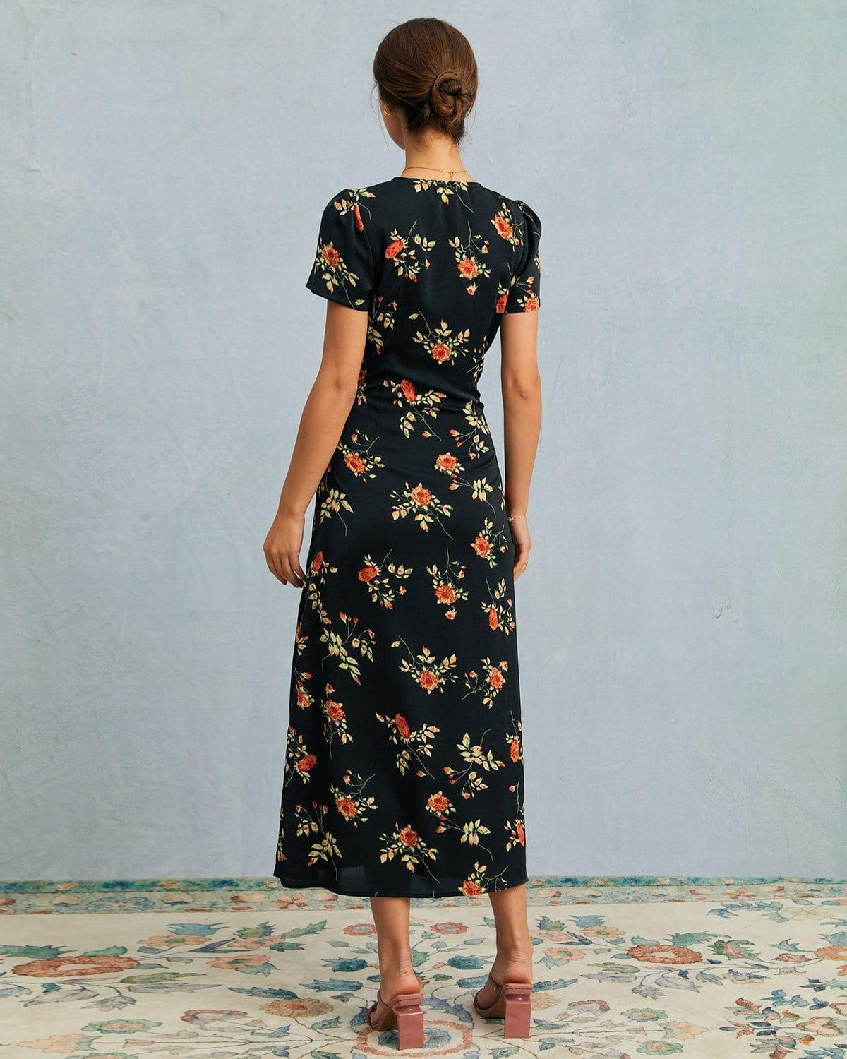 The Black V Neck Floral Short Sleeve Maxi Dress Product Image
