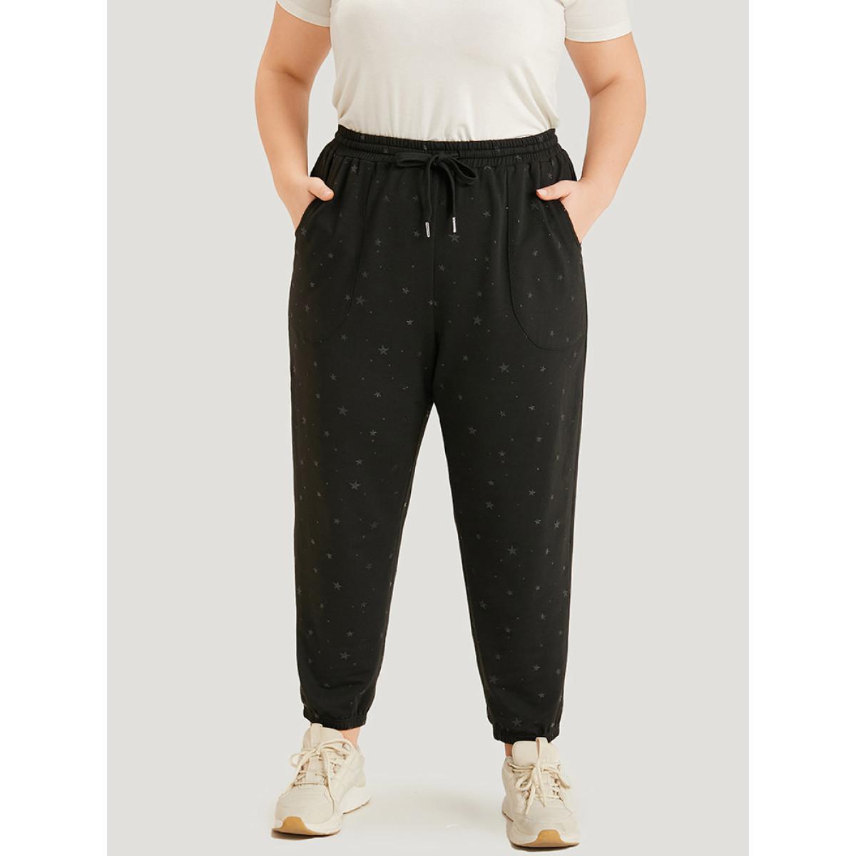 Star Drawstring Slant Pocket Elastic Waist Sweatpants Black Plus Size Women Casual Dailywear Elastic Waist 22-24/3X Bloomchic Product Image