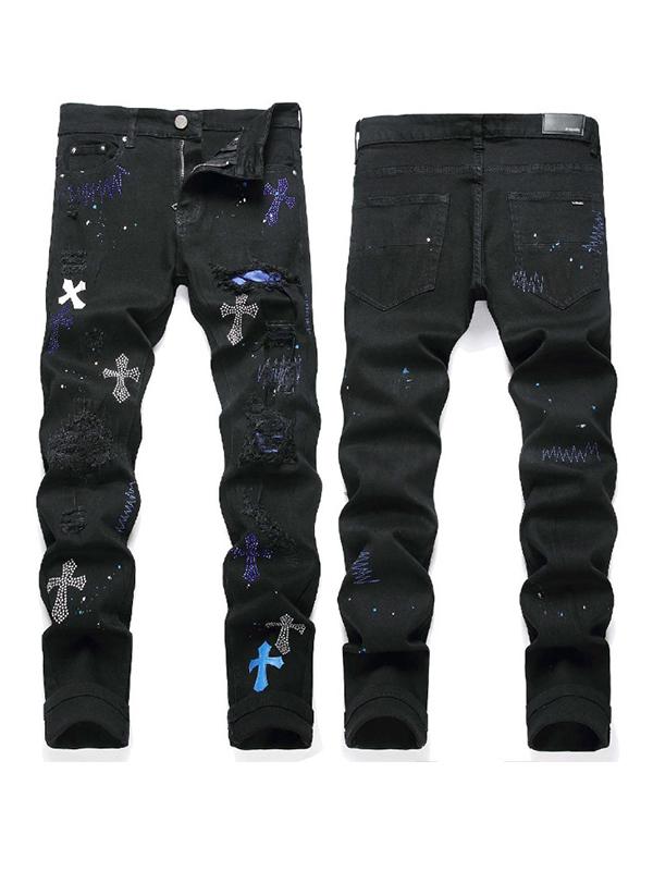 Men's Cross Badge Rhinestone Raglan Loose Jeans Product Image