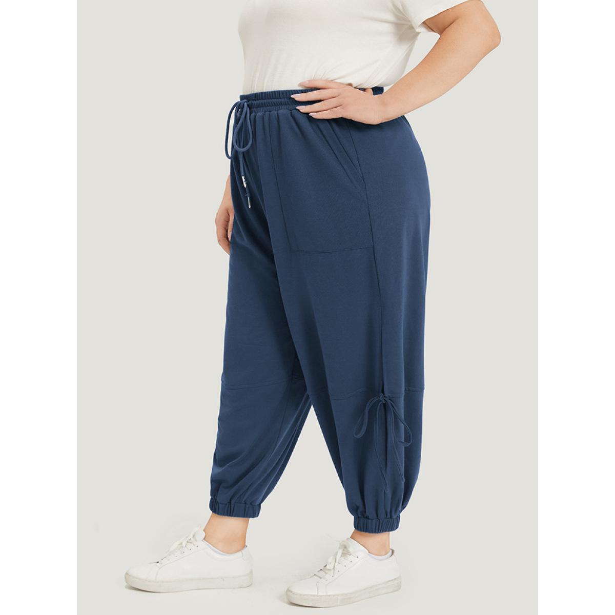 Solid Drawstring Pocket Ties Cut Out Sweatpants Aegean Plus Size Women Casual Dailywear Plain 14-16/1X Bloomchic Product Image
