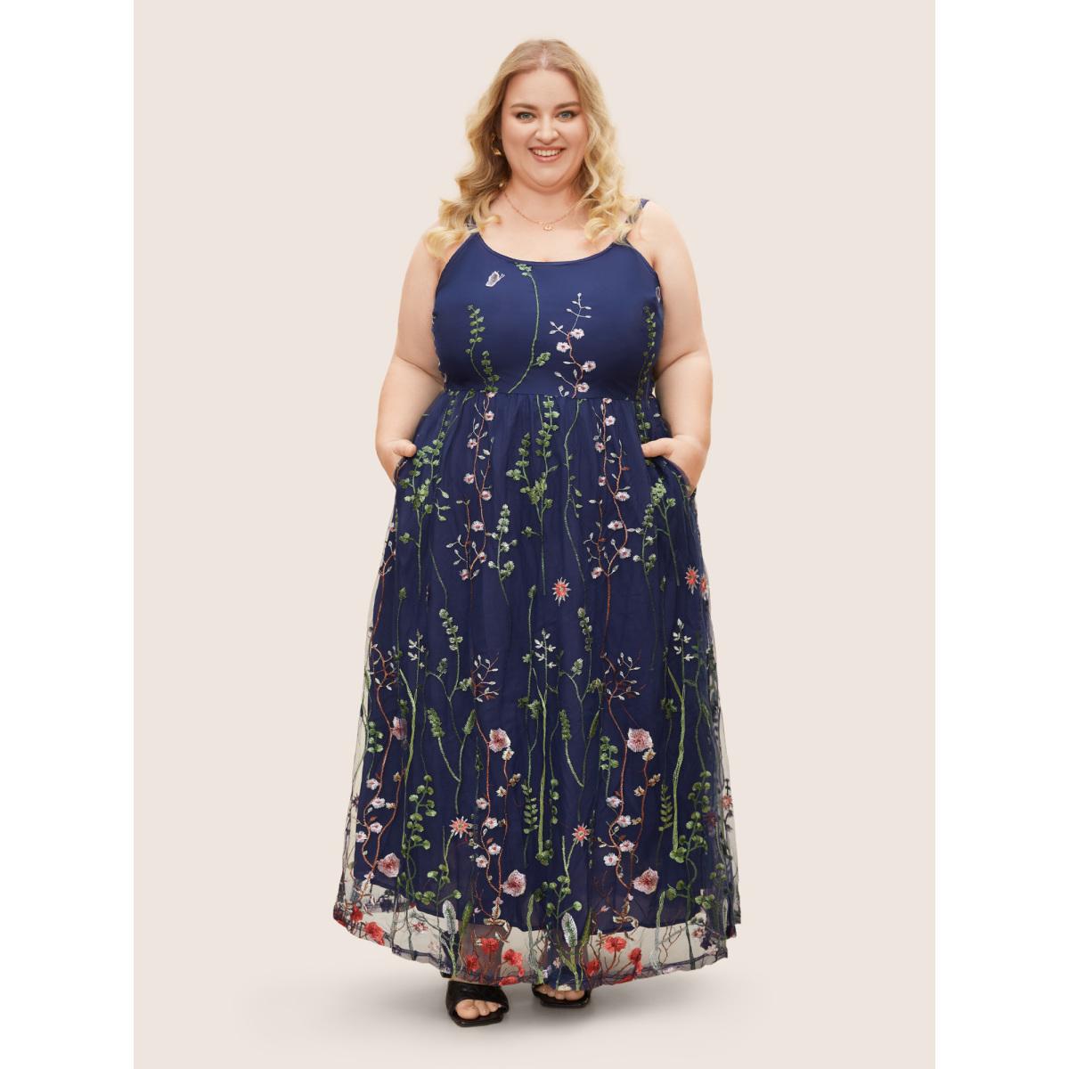 Plus Size U Neck Floral Embroidered Mesh Cami Dress DarkBlue Women Formal U-neck Sleeveless Curvy BloomChic 22-24/3X Product Image