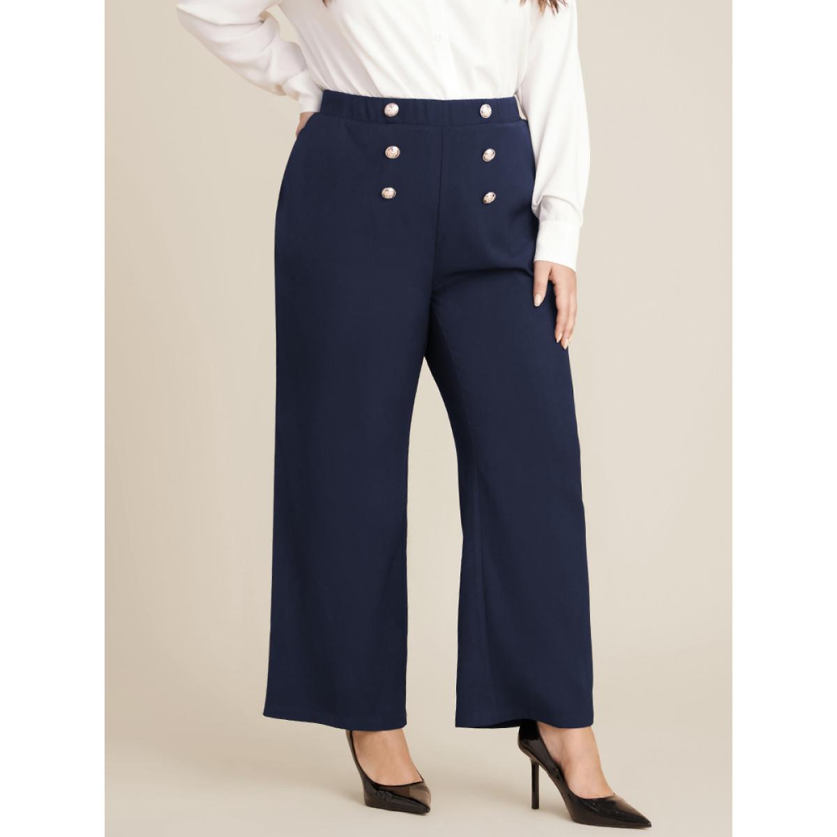 Plus Size Solid Elastic Waist Pocket Button Detail Pants Women Midnight Office Mid Rise Work Pants BloomChic 12/L Product Image