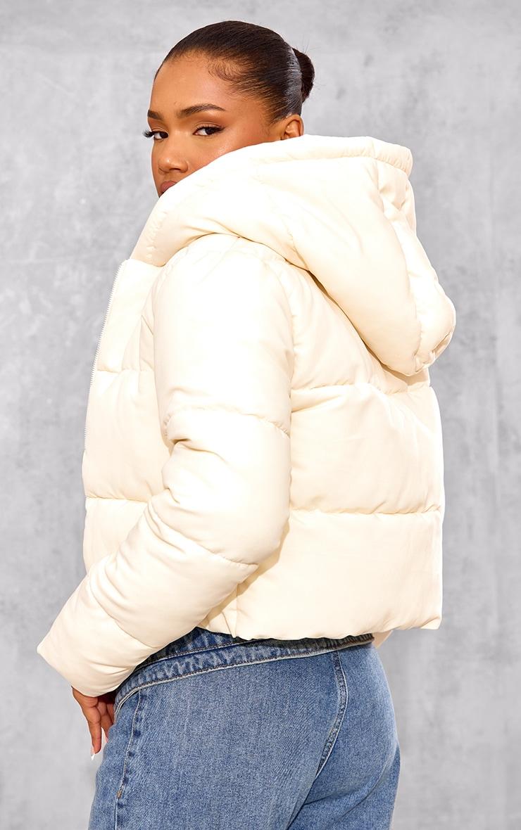 Cream Basic Hooded Zip Up Cropped Puffer Jacket Product Image