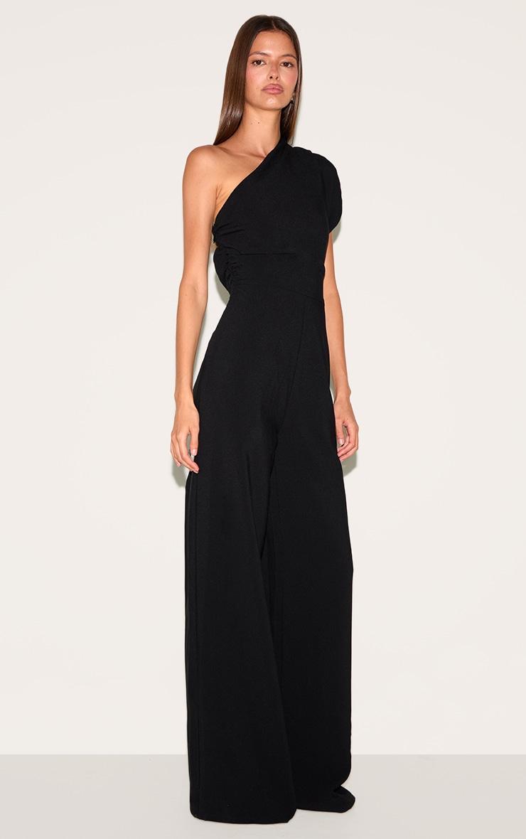 Black Asymmetric Ruched Wide Leg Jumpsuit Product Image