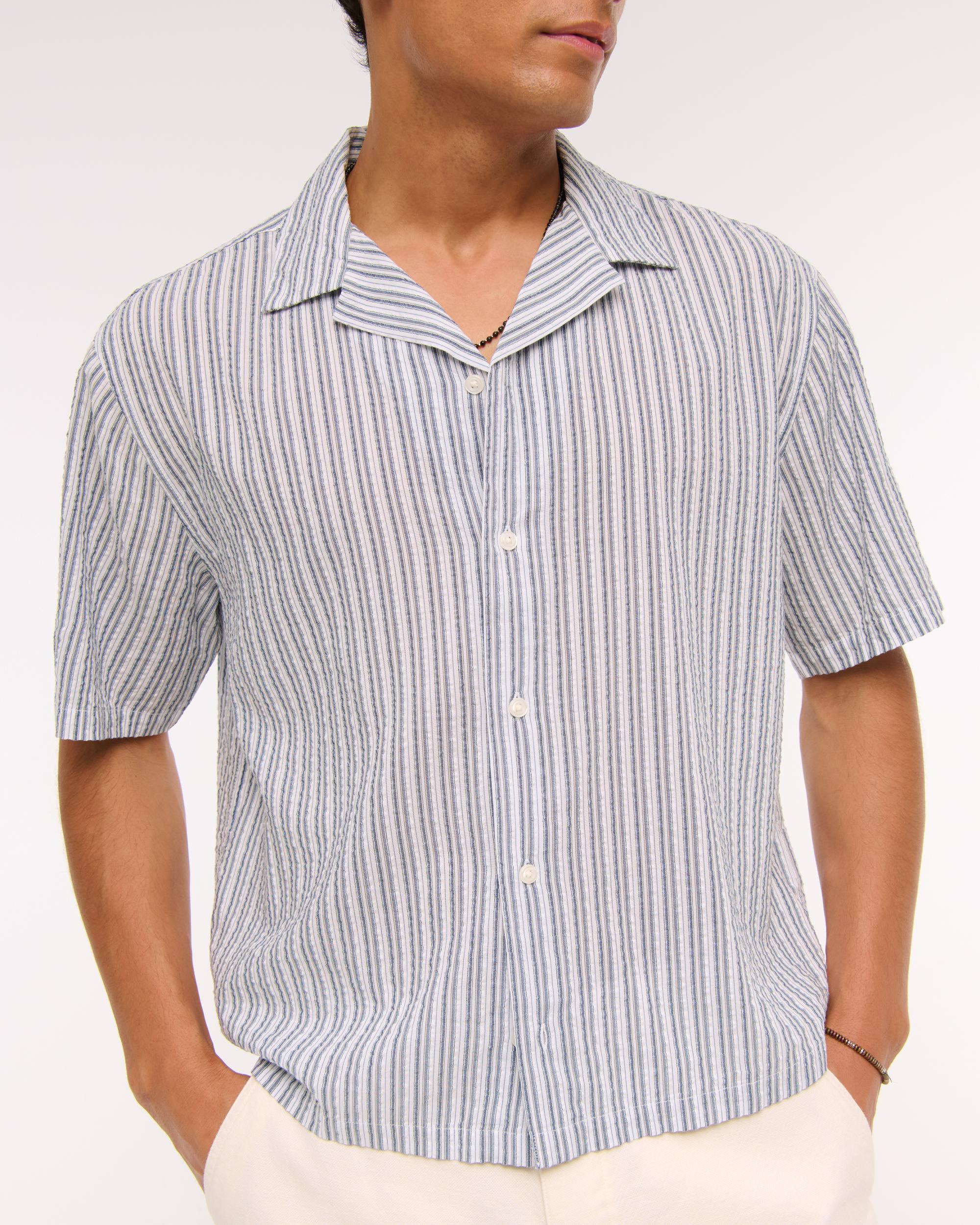 Camp Collar Cropped Seersucker Shirt Product Image