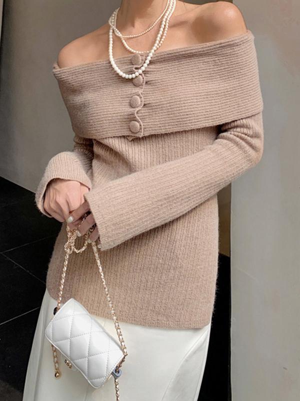 Solid Off Shoulder Slit Knit Sweater Product Image