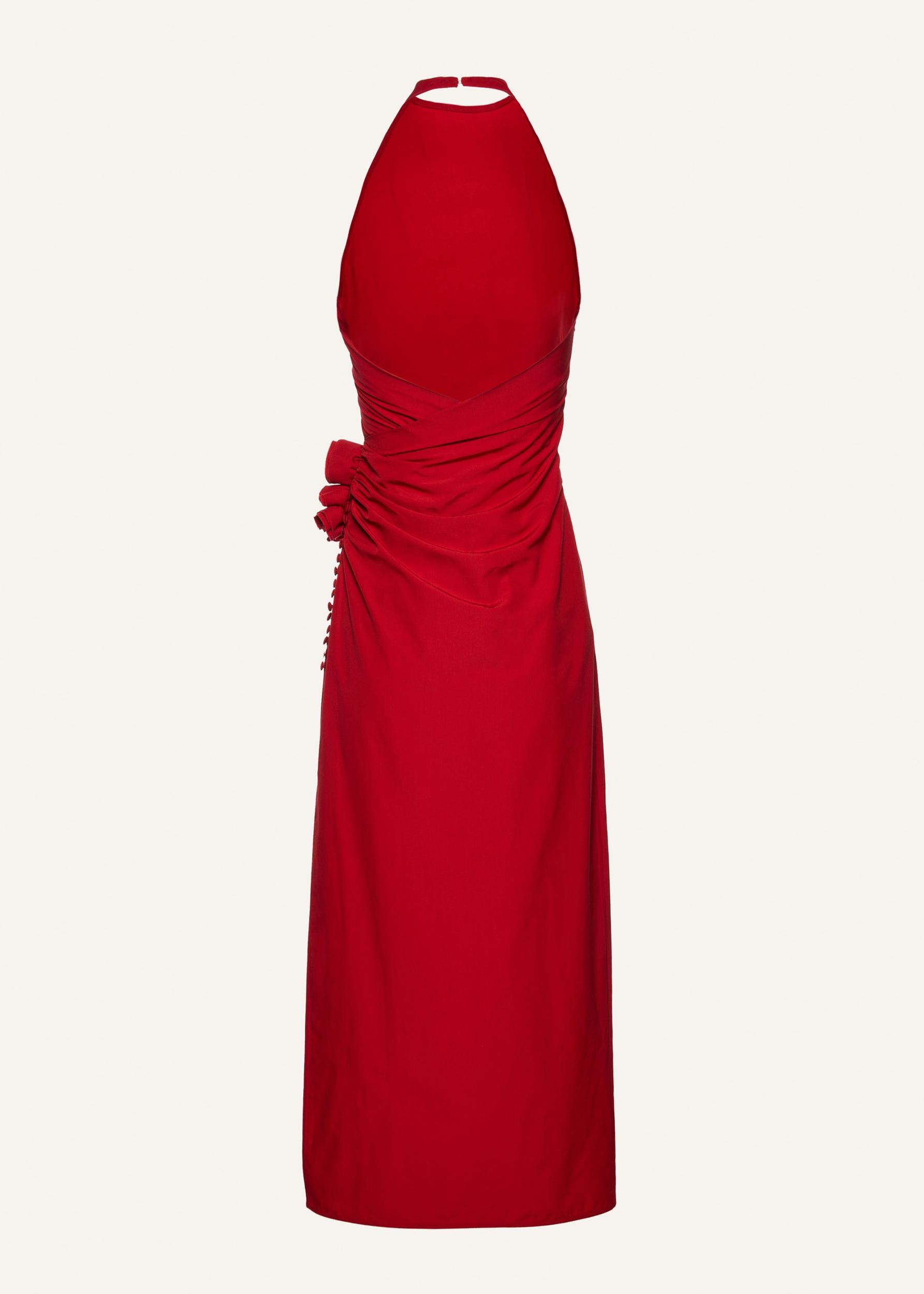 High neck floral applique midi dress in red Product Image