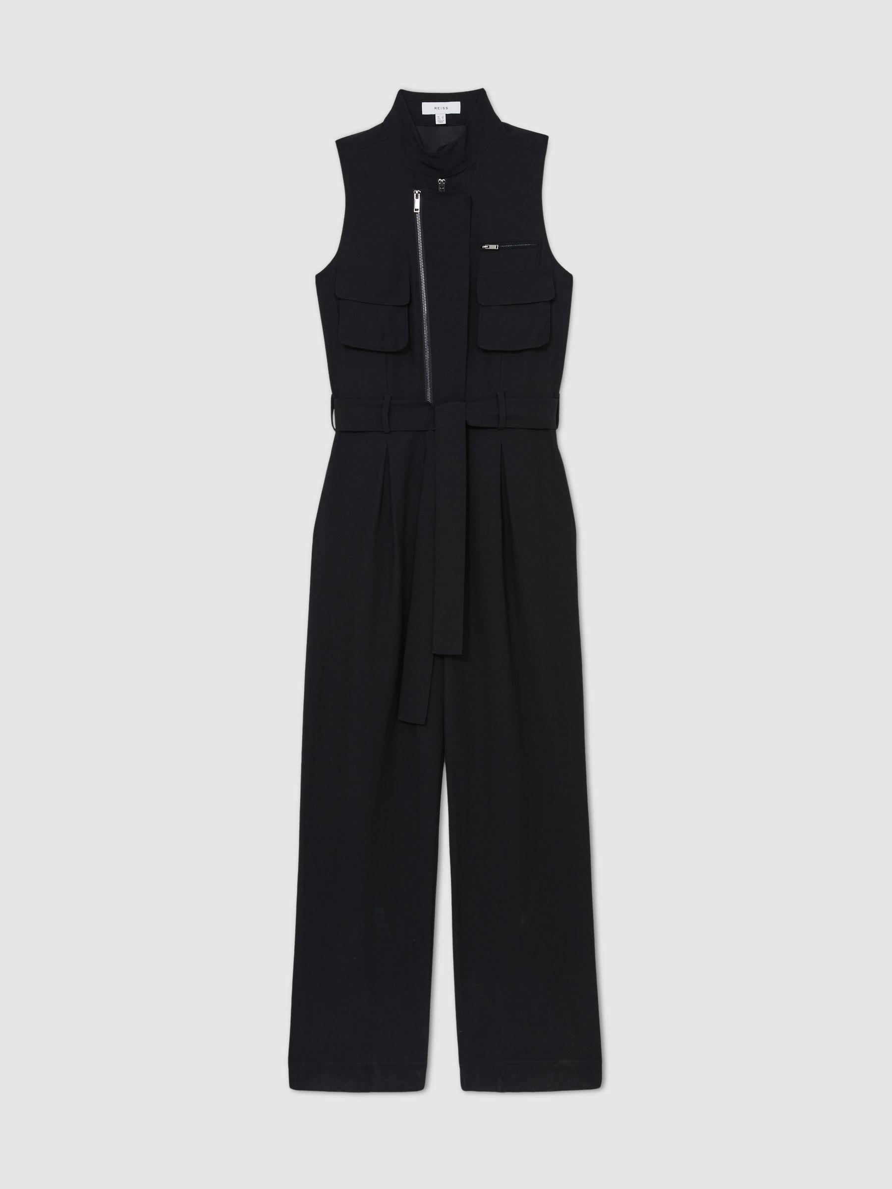 Utility Zip Through Jumpsuit With Linen in Black Product Image