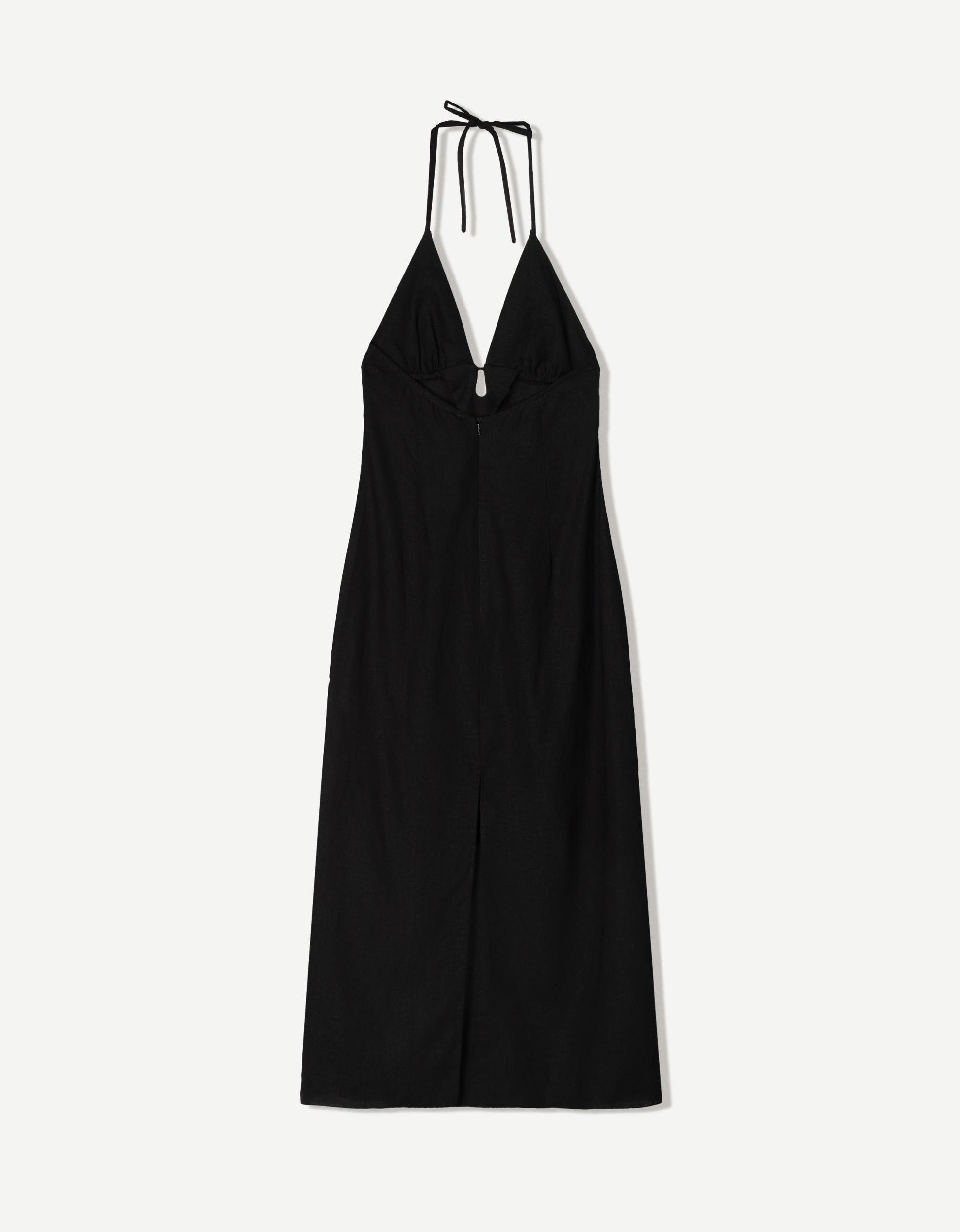 Linen blend tie-up halter midi dress Product Image