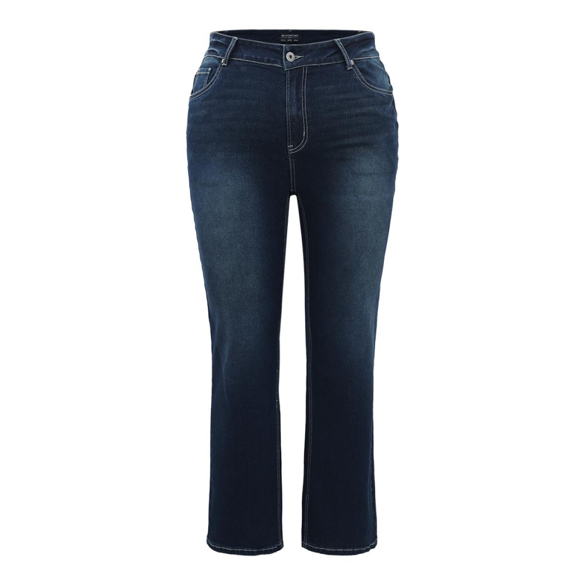 Plus Size Contrast Stitch Dark Wash Jeans Women Indigo Casual Plain Plain High stretch Pocket Jeans BloomChic 28/5X Product Image